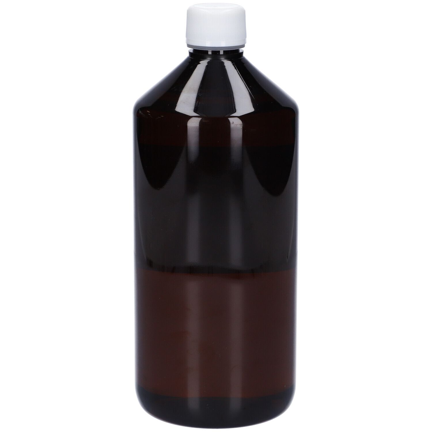 Bottiglia marrone con tappo bianco. Nessuna informazione sull'etichetta visibile.