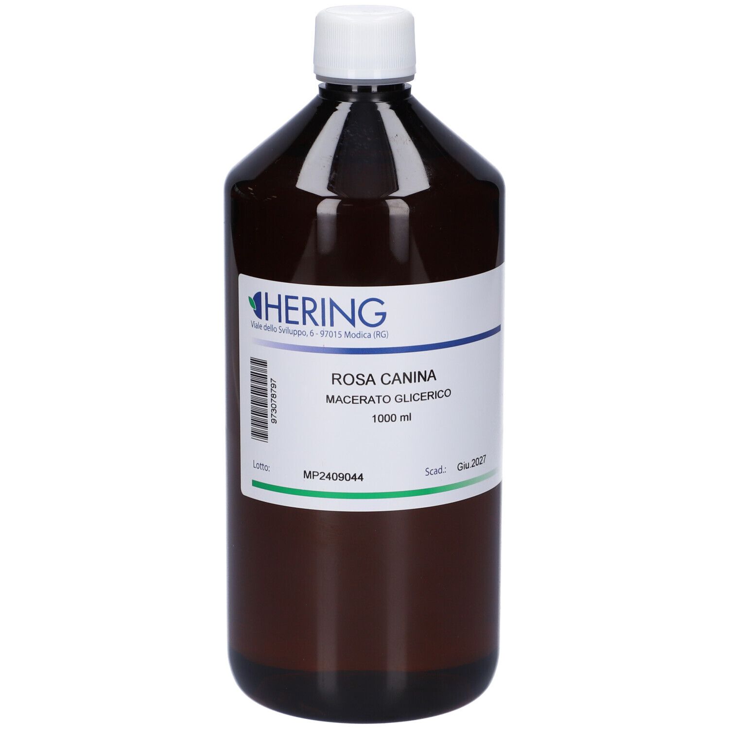 Bottiglia marrone con tappo bianco. Etichetta con informazioni sul prodotto. Logo HERING visibile.