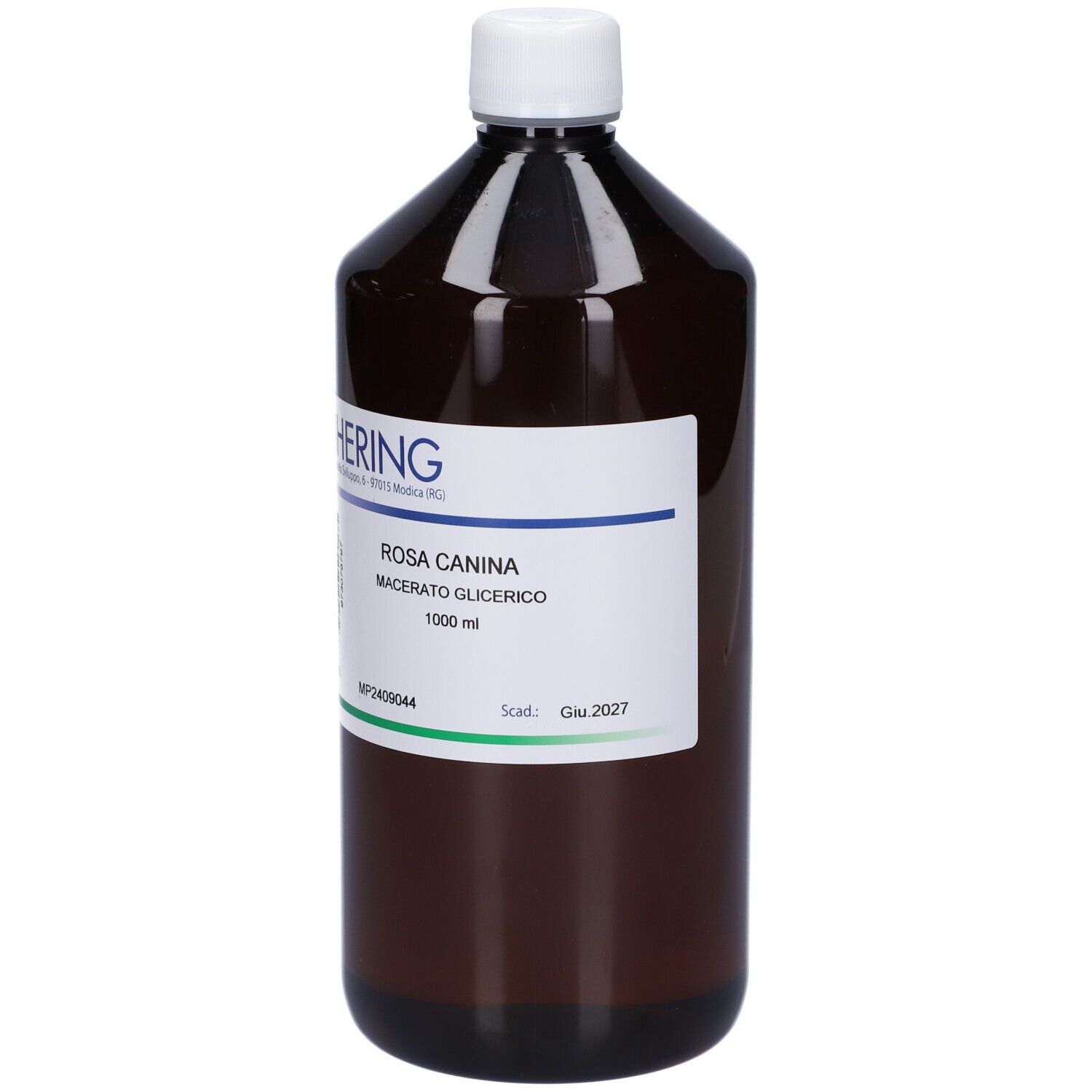 Bottiglia marrone con tappo bianco. Etichetta con informazioni sul prodotto. Logo HERING visibile.