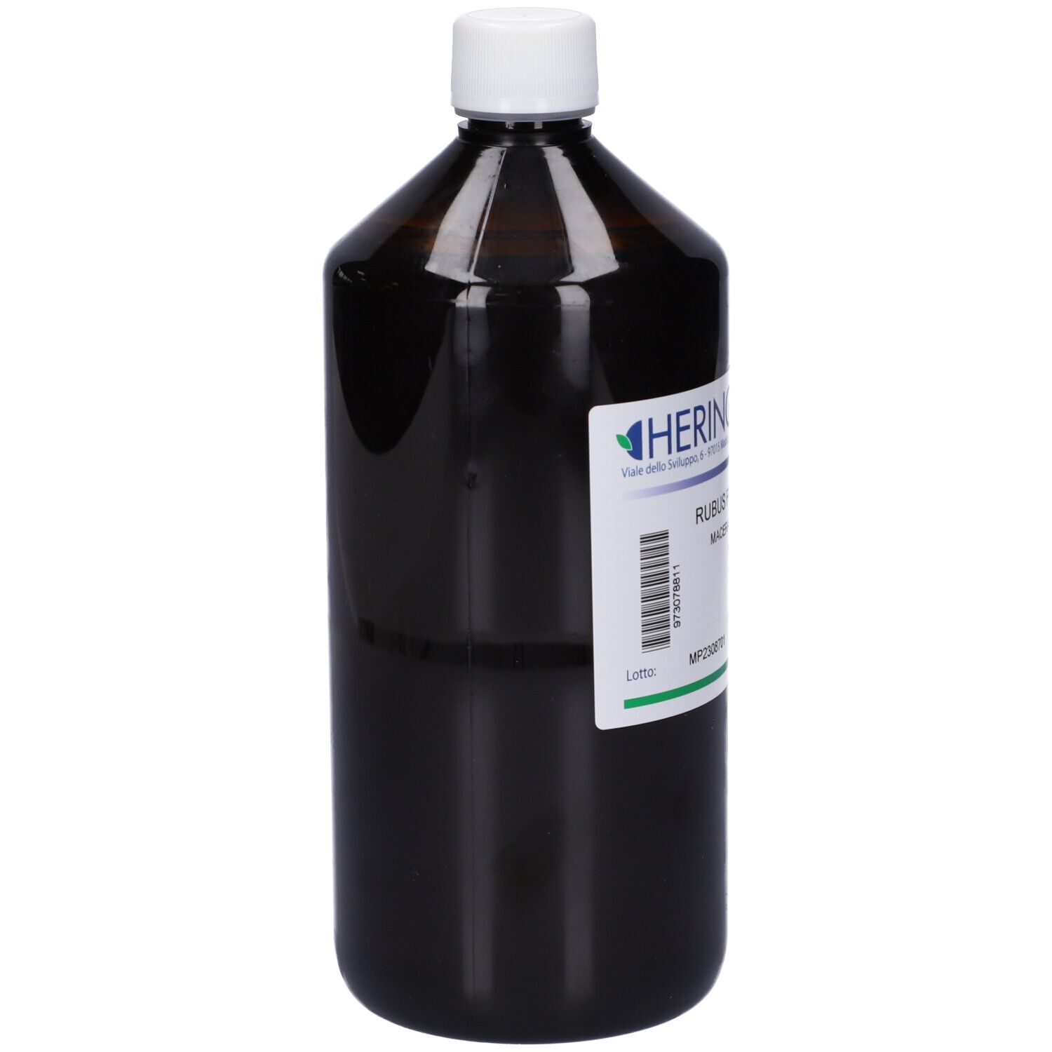 Flacone marrone con tappo bianco. Etichetta con scritta: HERING, Rubus Fructicosus Macerato Glicerico. 1000 ml.