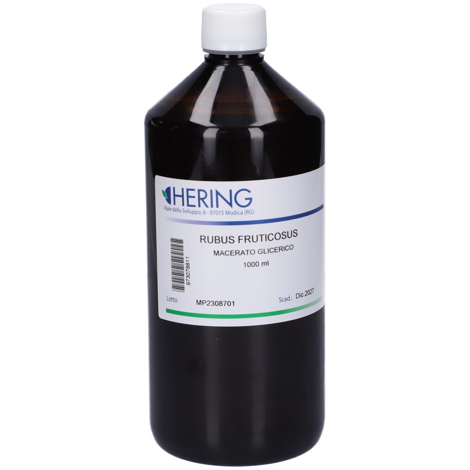 Flacone marrone con tappo bianco ed etichetta. Scritta: HERING, Rubus Fructicosus Macerato Glicerico. 1000 ml.