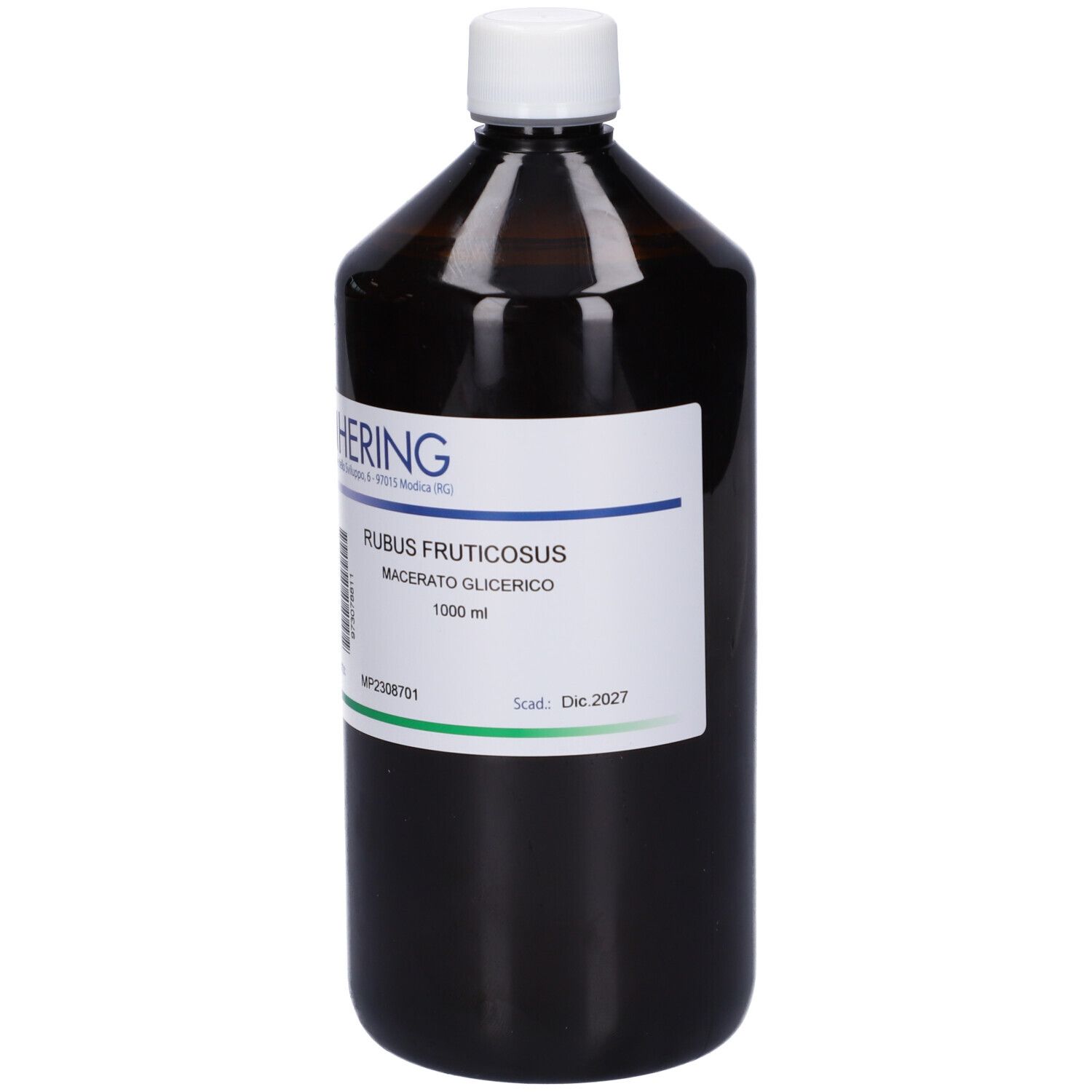 Flacone marrone con tappo bianco ed etichetta. Scritta: HERING, Rubus Fructicosus Macerato Glicerico. 1000 ml.