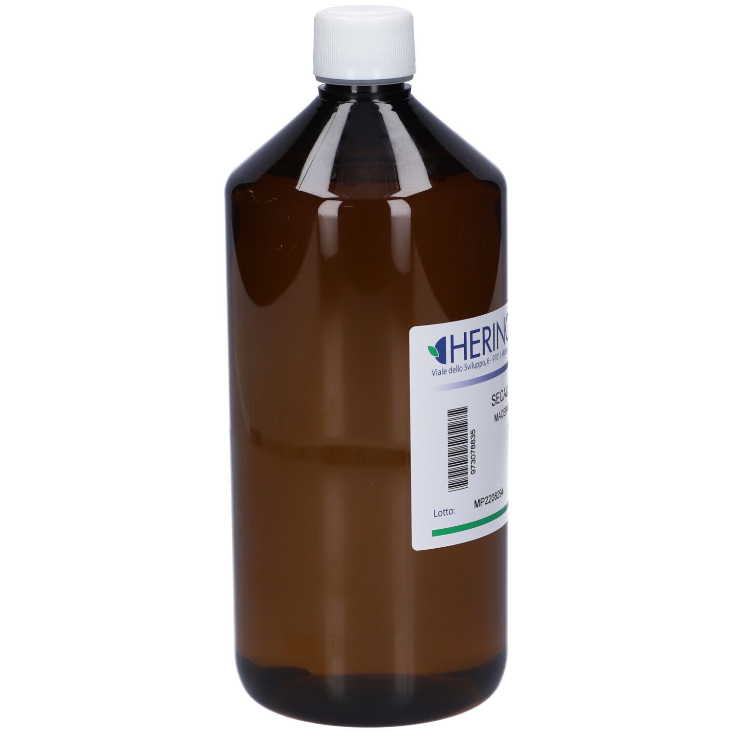 Bottiglia marrone con tappo bianco. È presente un'etichetta. L'etichetta riporta "HERING" e "SECALE CEREALE MACERATO GLICERICO".