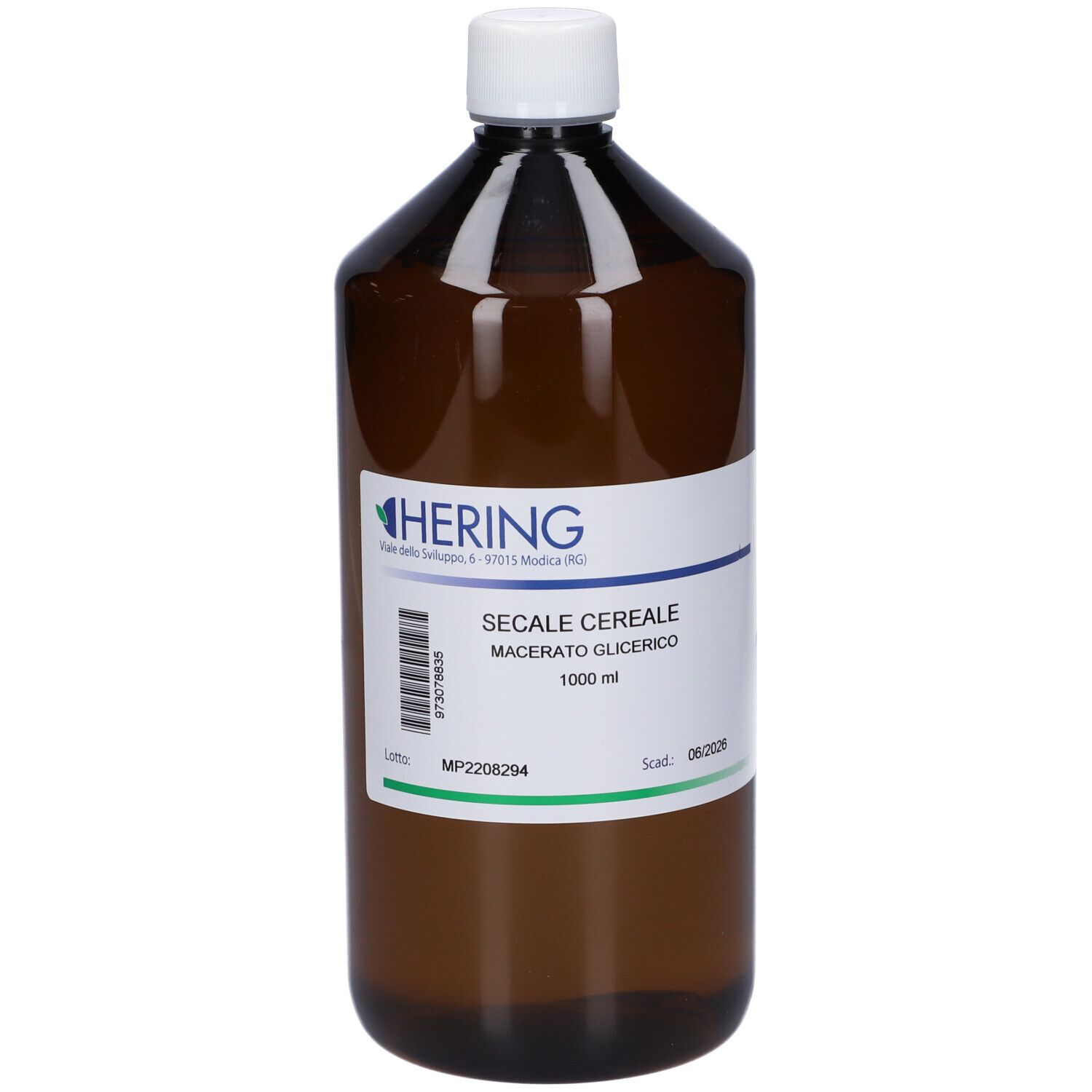 Bottiglia marrone con tappo bianco ed etichetta. L'etichetta riporta "HERING", "SECALE CEREALE MACERATO GLICERICO" e "1000 ml".