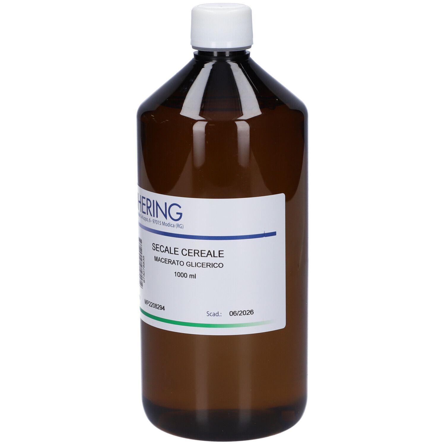 Bottiglia marrone con tappo bianco ed etichetta. L'etichetta riporta "HERING", "SECALE CEREALE MACERATO GLICERICO" e "1000 ml".
