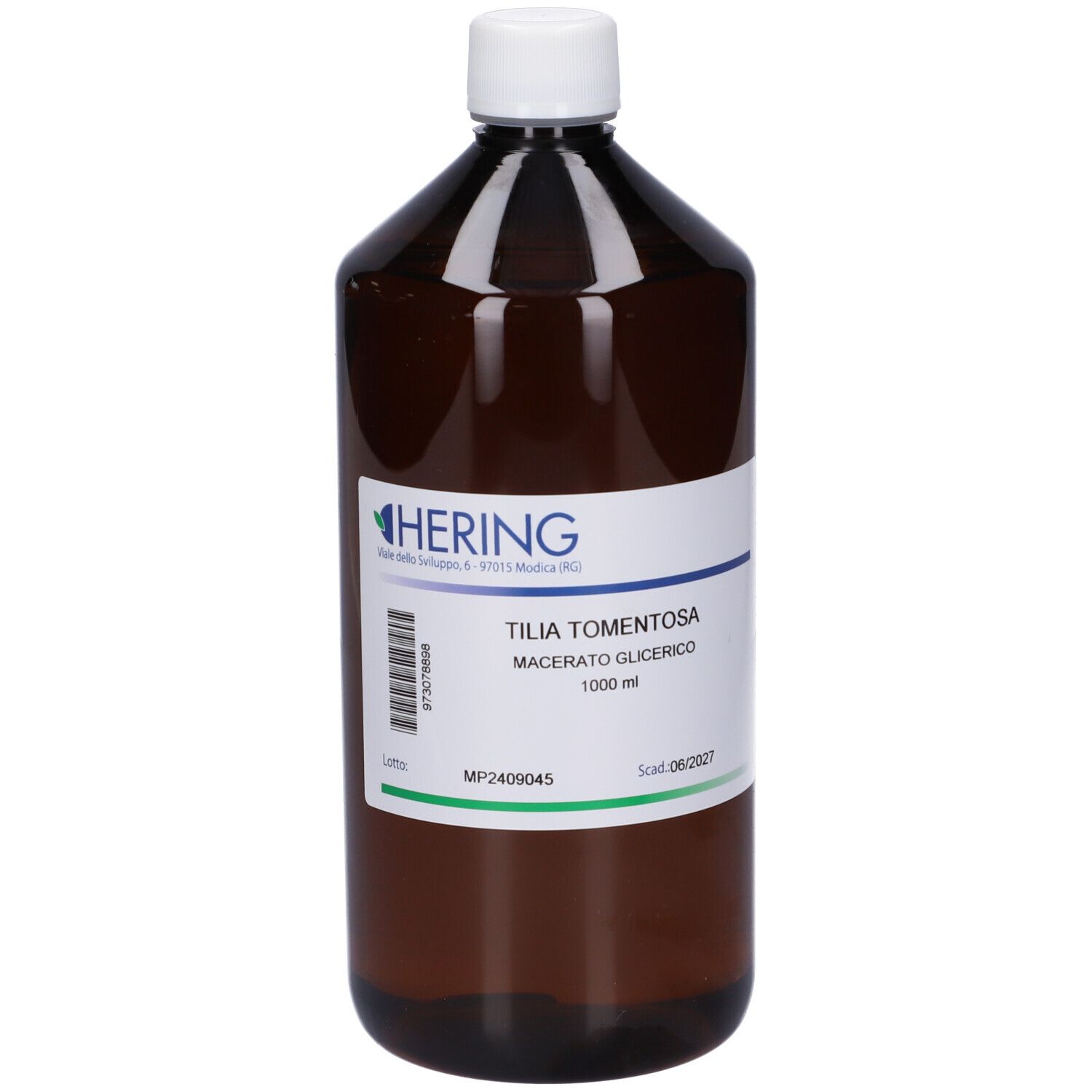 Bottiglia marrone con tappo bianco ed etichetta. L'etichetta indica: Tilia Tomentosa Macerato Glicerico.