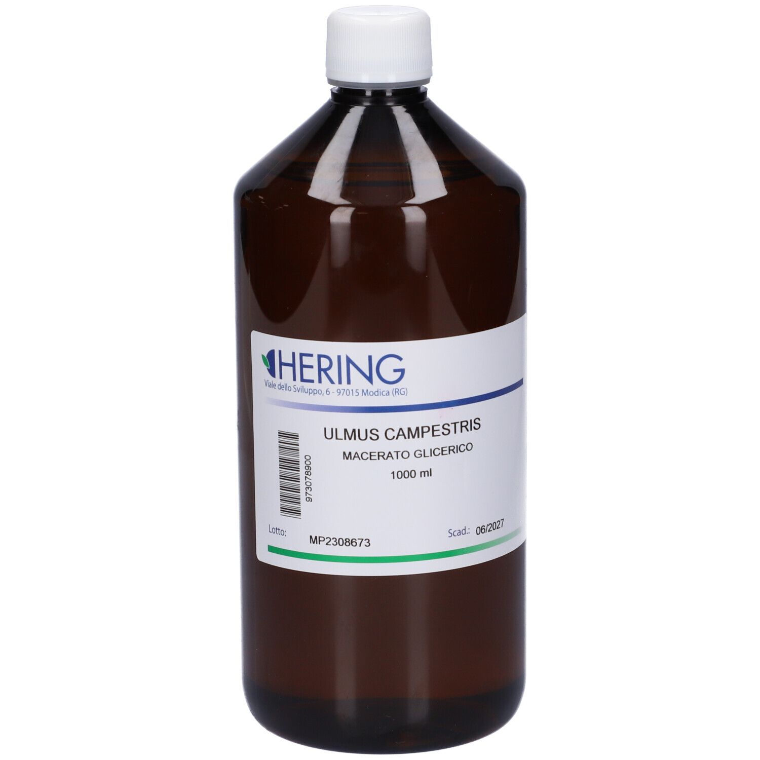 Flacone marrone con tappo bianco. Etichetta con nome prodotto e marchio HERING. 1000 ml.