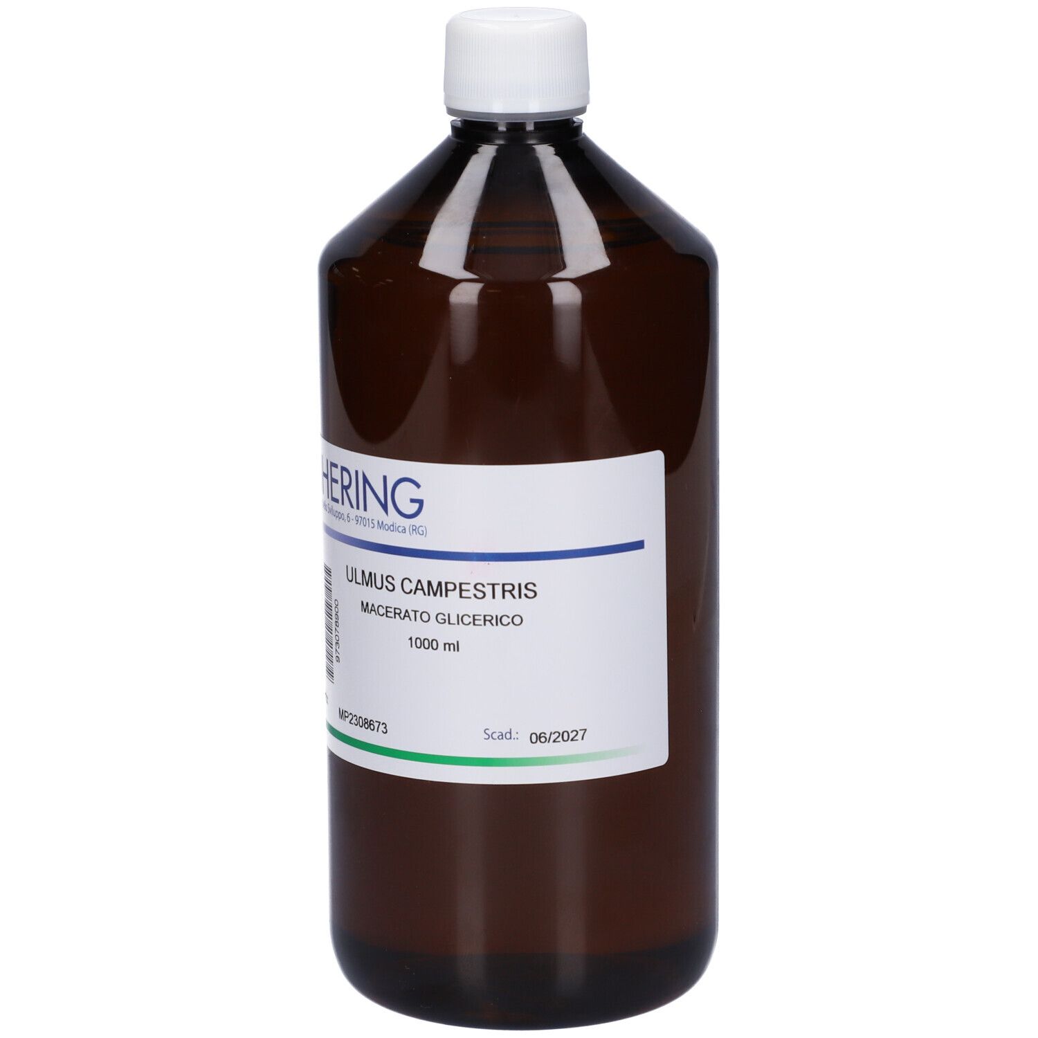 Flacone marrone con tappo bianco. Etichetta con nome prodotto e marchio HERING. 1000 ml.