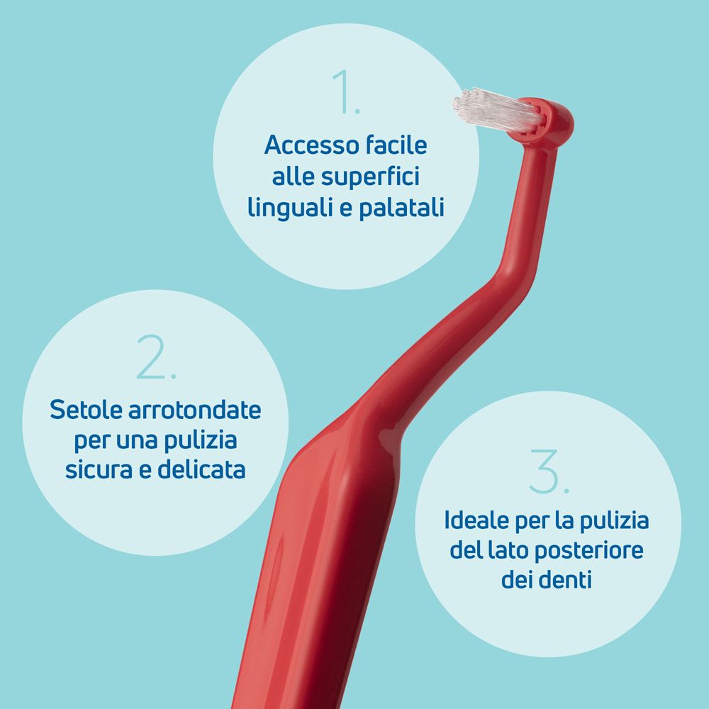 Spazzolino interdentale rosso con testina angolata per aree difficili da raggiungere e setole arrotondate.