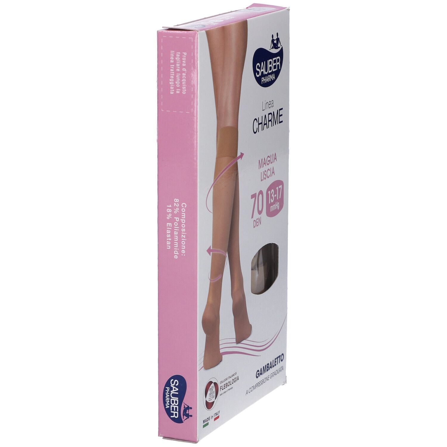 Vista laterale della confezione di calze SAUBER Pharma. Scritta: Linea Charme, Maglia LISCA 70 DEN, 13-17 mmHg. Immagine del prodotto.