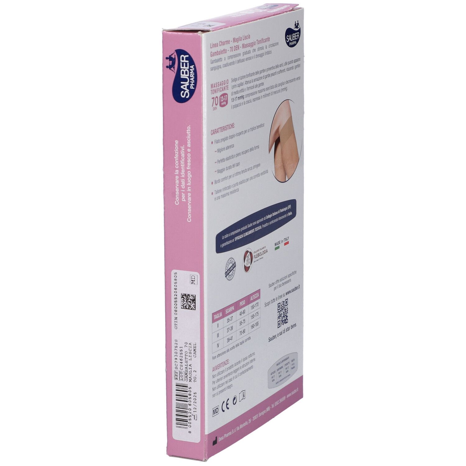 Vista laterale della confezione di calze SAUBER Pharma. Testo e codice QR. Logo e certificazioni.