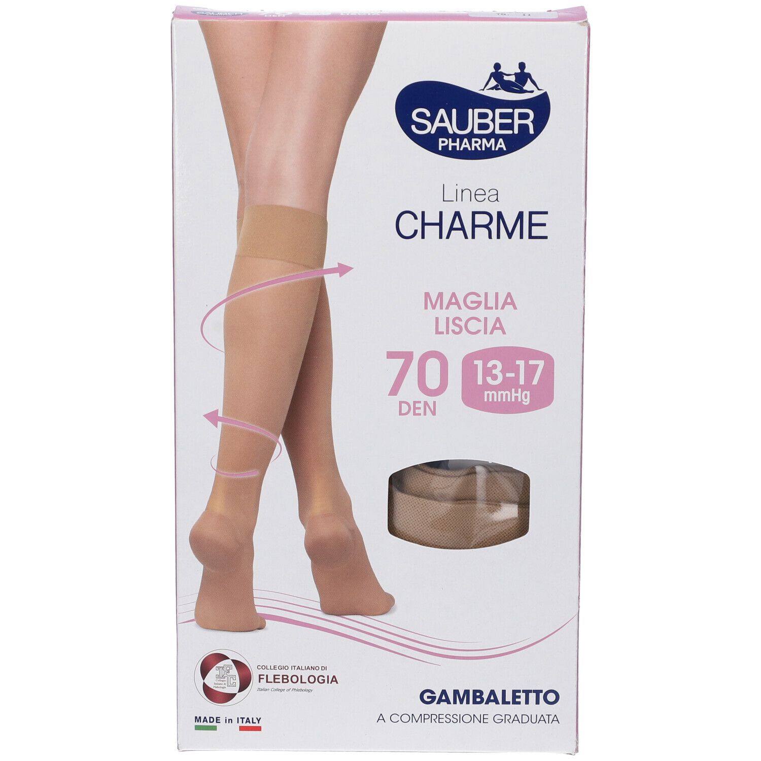 Confezione di calze SAUBER Pharma. Scritta: Linea Charme, Maglia LISCA 70 DEN, 13-17 mmHg. Immagine di gambe con calze.