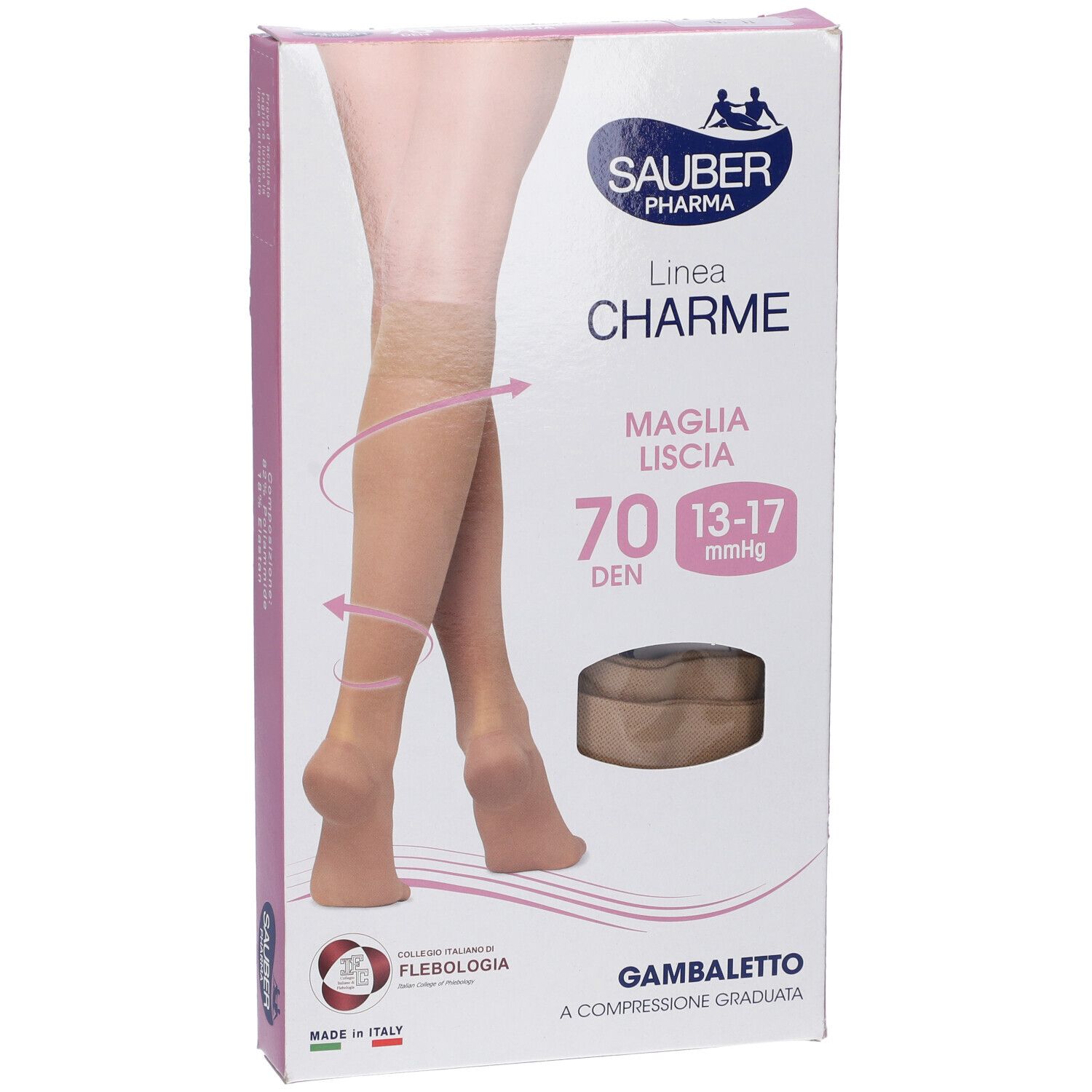 Confezione di calze SAUBER Pharma. Scritta: Linea Charme, Maglia LISCA 70 DEN, 13-17 mmHg. Immagine di gambe con calze.