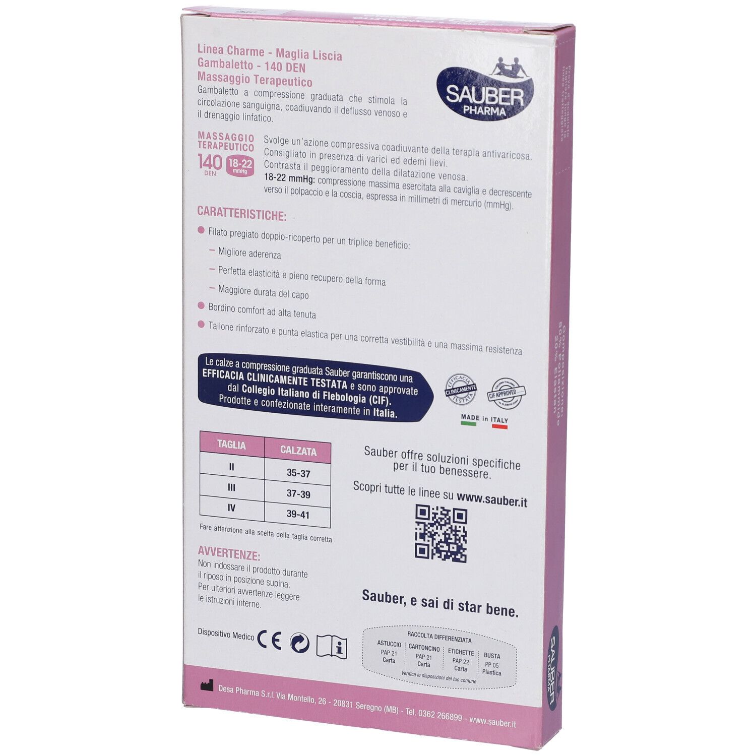 Retro della confezione di gambaletti compressivi. Sauber Pharma. Informazioni e tabella taglie.