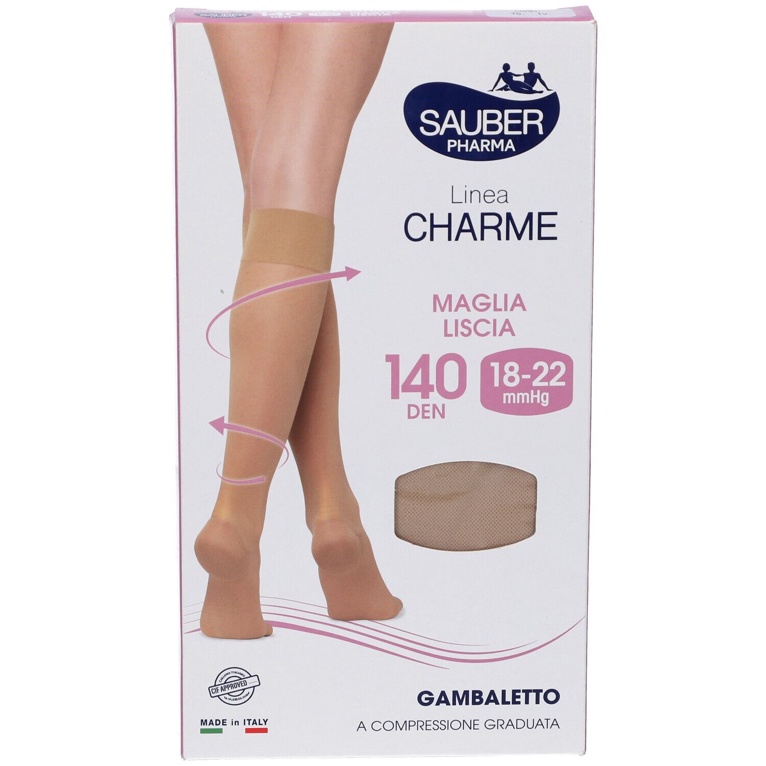 Confezione di gambaletti compressivi Sauber Pharma. Colore cammello, 140 den. Taglia 18-22 mmHg.