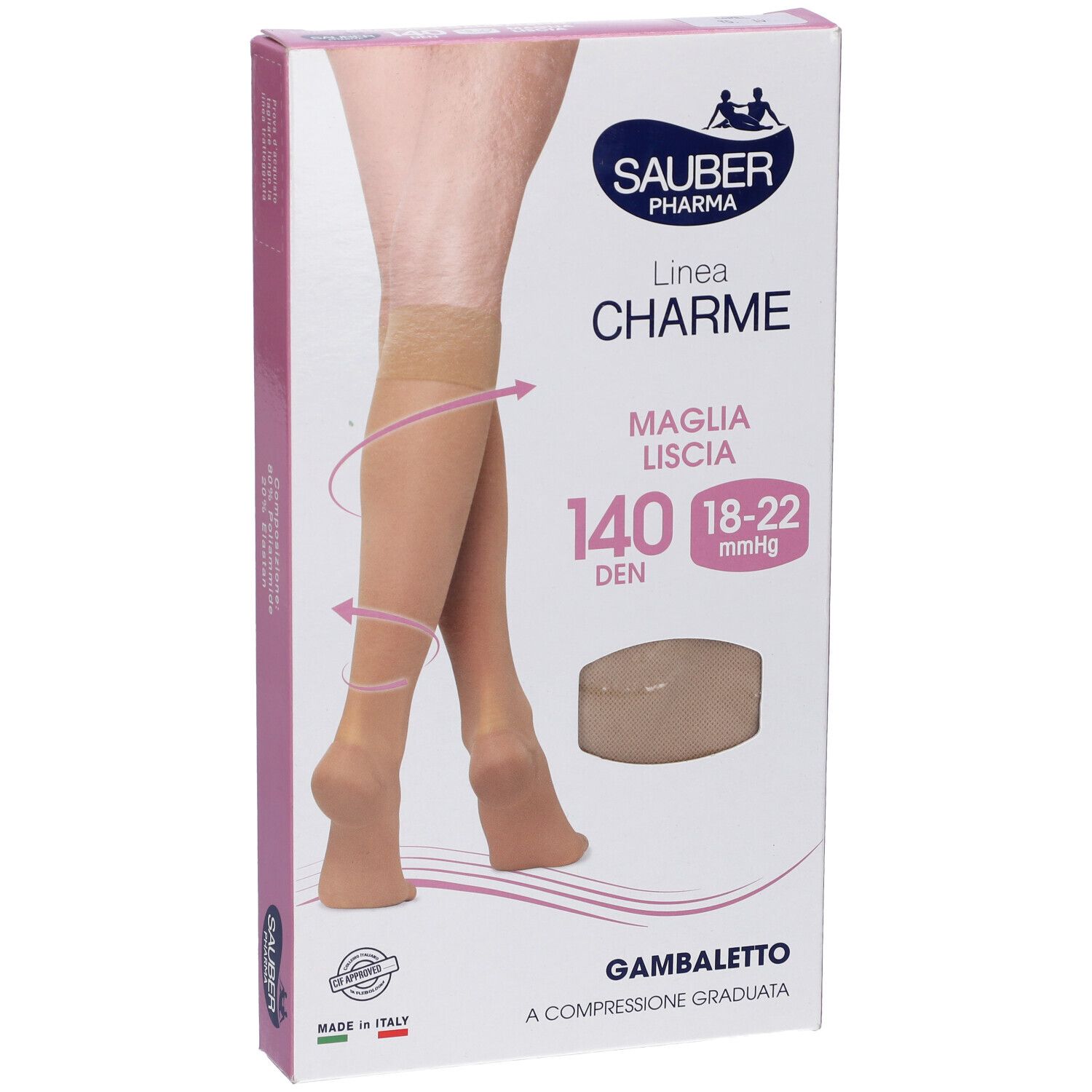 Confezione di gambaletti compressivi Sauber Pharma. Colore cammello, 140 den. Taglia 18-22 mmHg.