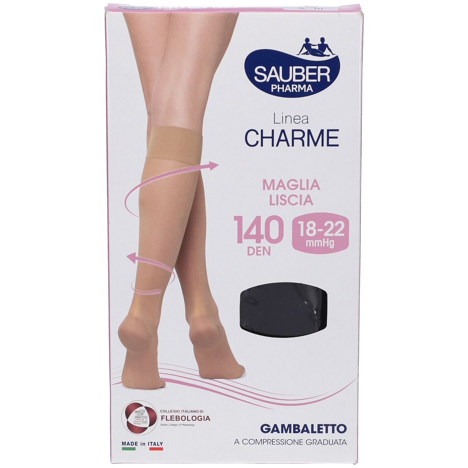 Confezione di gambaletti compressivi Sauber Pharma, linea Charme. Calze nere, 140 den, 18-22 mmHg. Immagine di gambe.