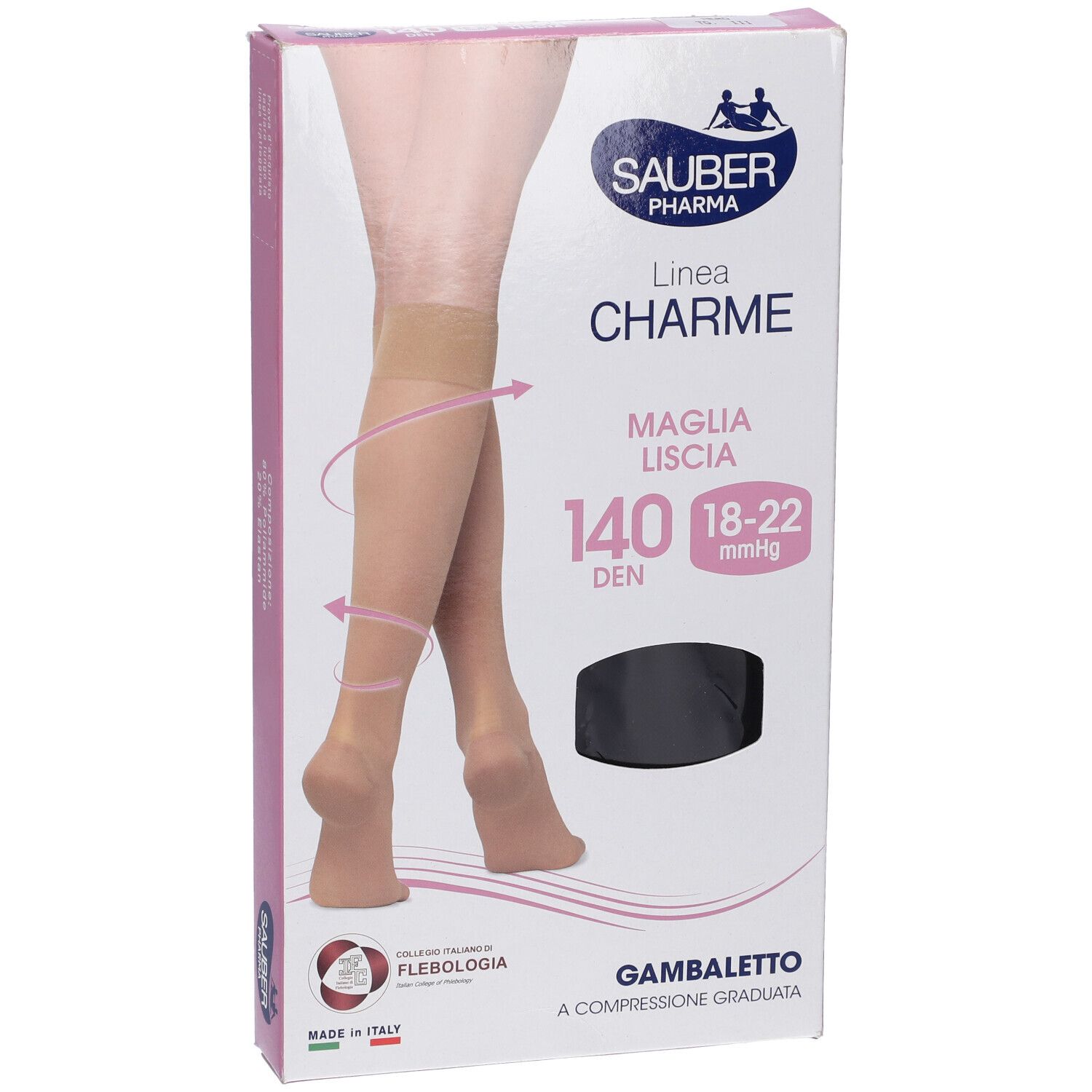 Confezione di gambaletti compressivi Sauber Pharma, linea Charme. Calze nere, 140 den, 18-22 mmHg. Immagine di gambe.