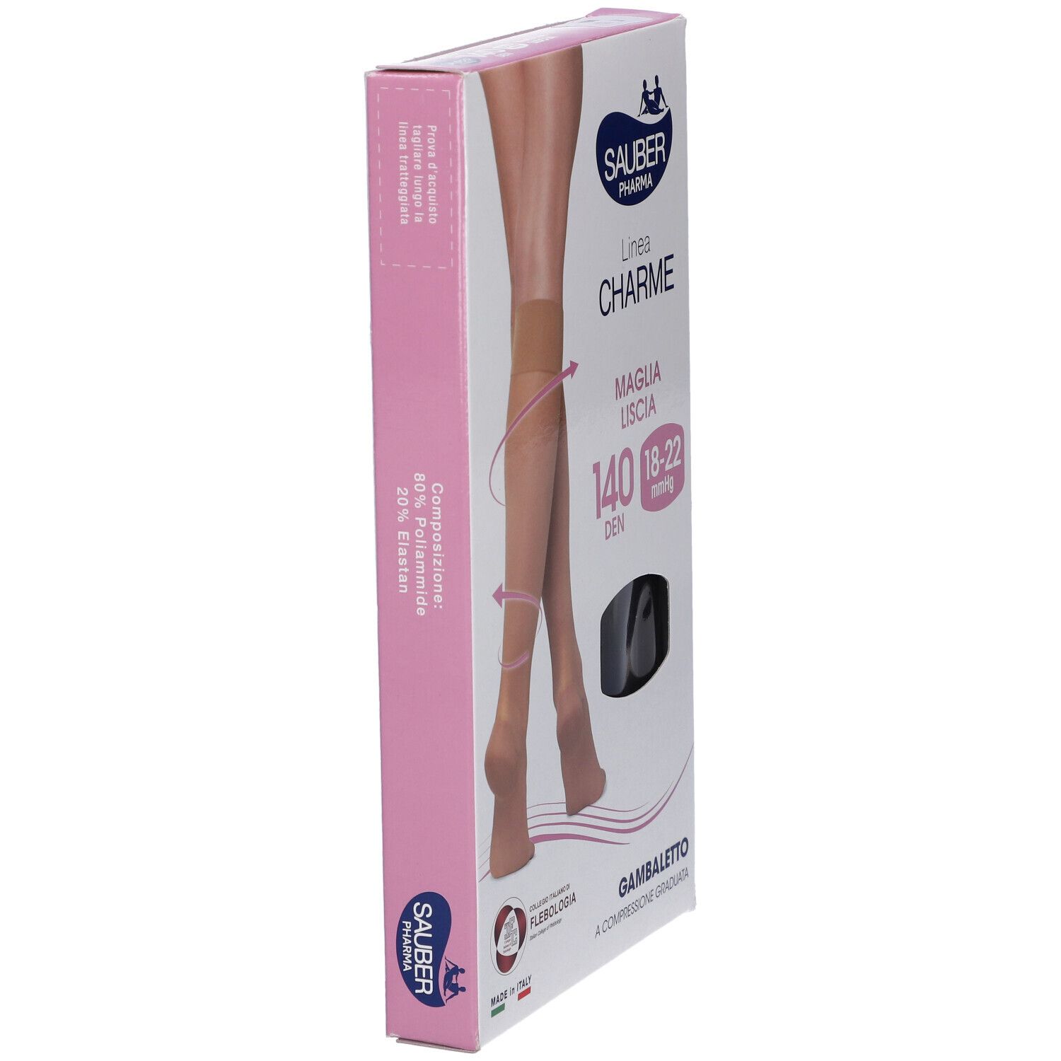 Vista laterale della confezione di Sauber Gambaletto Maglia Liscia 140 Denari Nero 4. Nome del prodotto e marchio visibili.