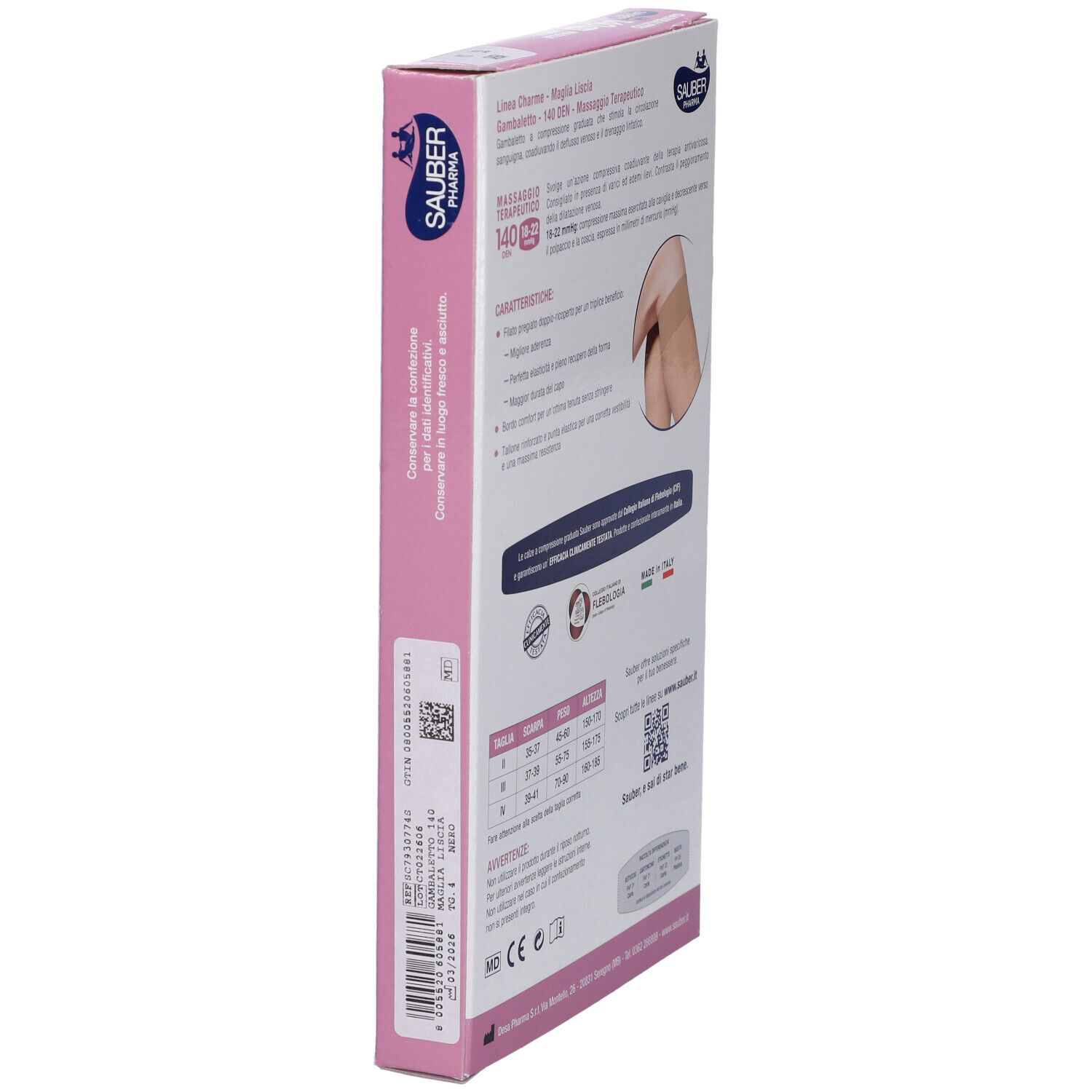 Vista laterale della confezione di Sauber Gambaletto Maglia Liscia 140 Denari Nero 4. Testo e informazioni sul prodotto.