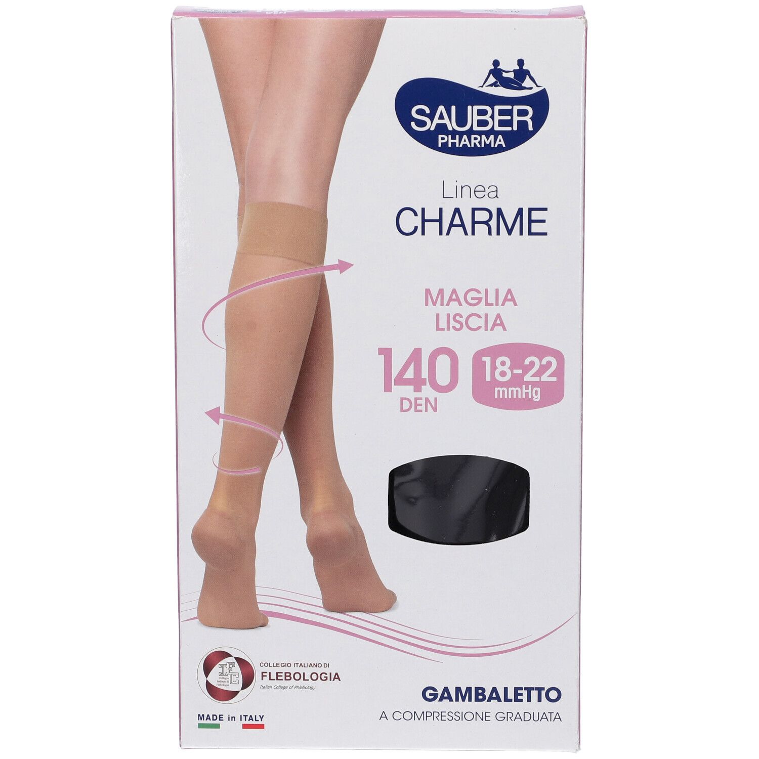 Confezione di Sauber Gambaletto Maglia Liscia 140 Denari Nero 4. Immagine di gambe con calze. Marchio e nome del prodotto visibili.