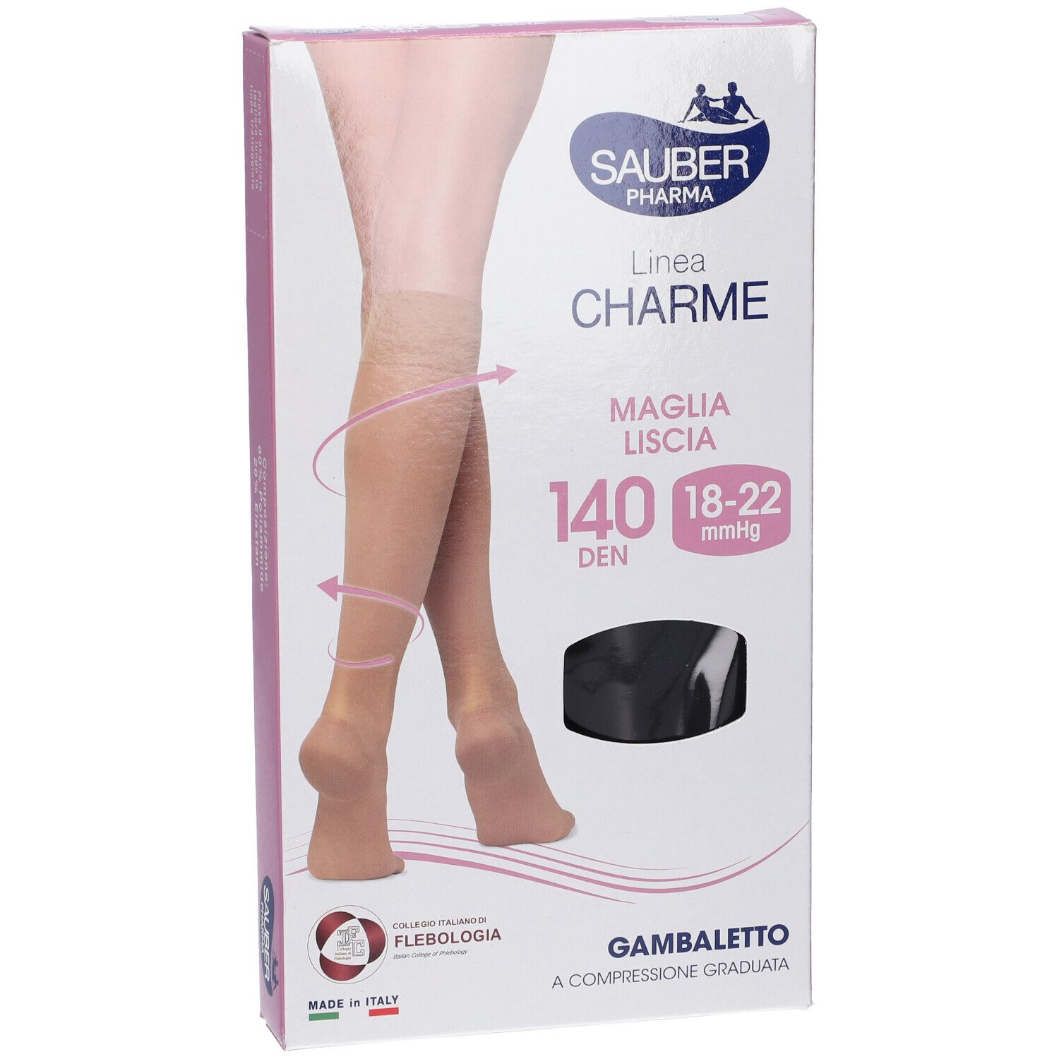 Confezione di Sauber Gambaletto Maglia Liscia 140 Denari Nero 4. Immagine di gambe con calze. Marchio e nome del prodotto visibili.