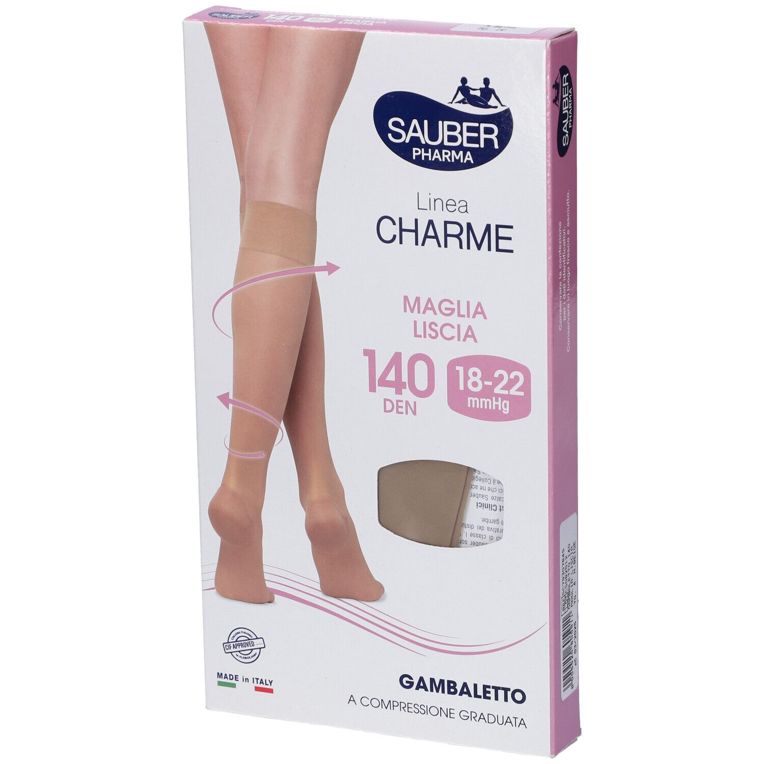 Calze a compressione beige in confezione. Marca Sauber Pharma, linea Charme, 140 den, 18-22 mmHg. Gambaletto.