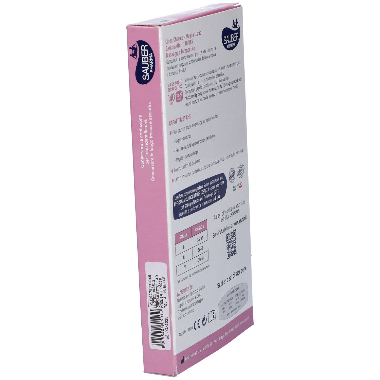 Retro della confezione con informazioni sul prodotto. Marca Sauber Pharma, linea Charme, 140 den, 18-22 mmHg.