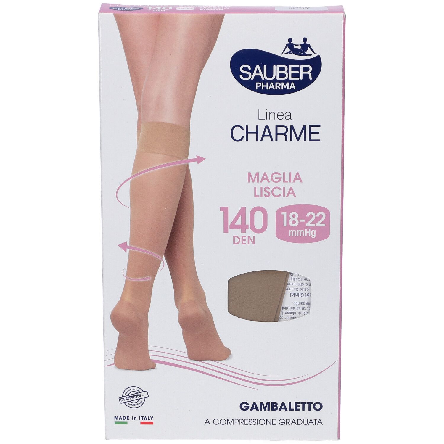 Calze a compressione beige in confezione. Marca Sauber Pharma, linea Charme, 140 den, 18-22 mmHg. Gambaletto.