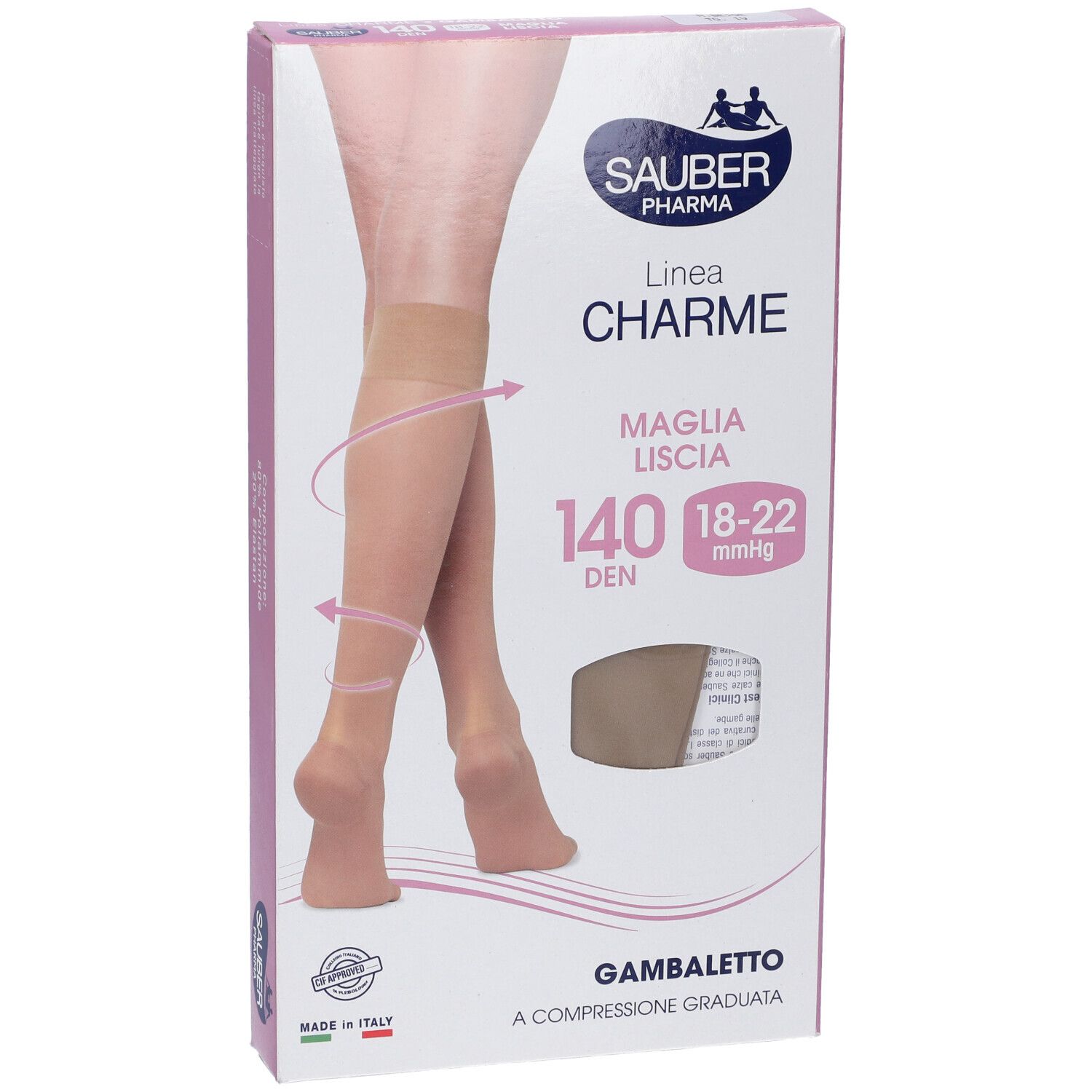 Calze a compressione beige in confezione. Marca Sauber Pharma, linea Charme, 140 den, 18-22 mmHg. Gambaletto.