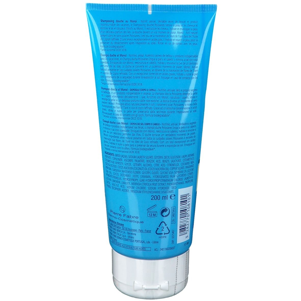 Retro del tubo. Testo multilingue. Ingredienti e informazioni del produttore. 200 ml.