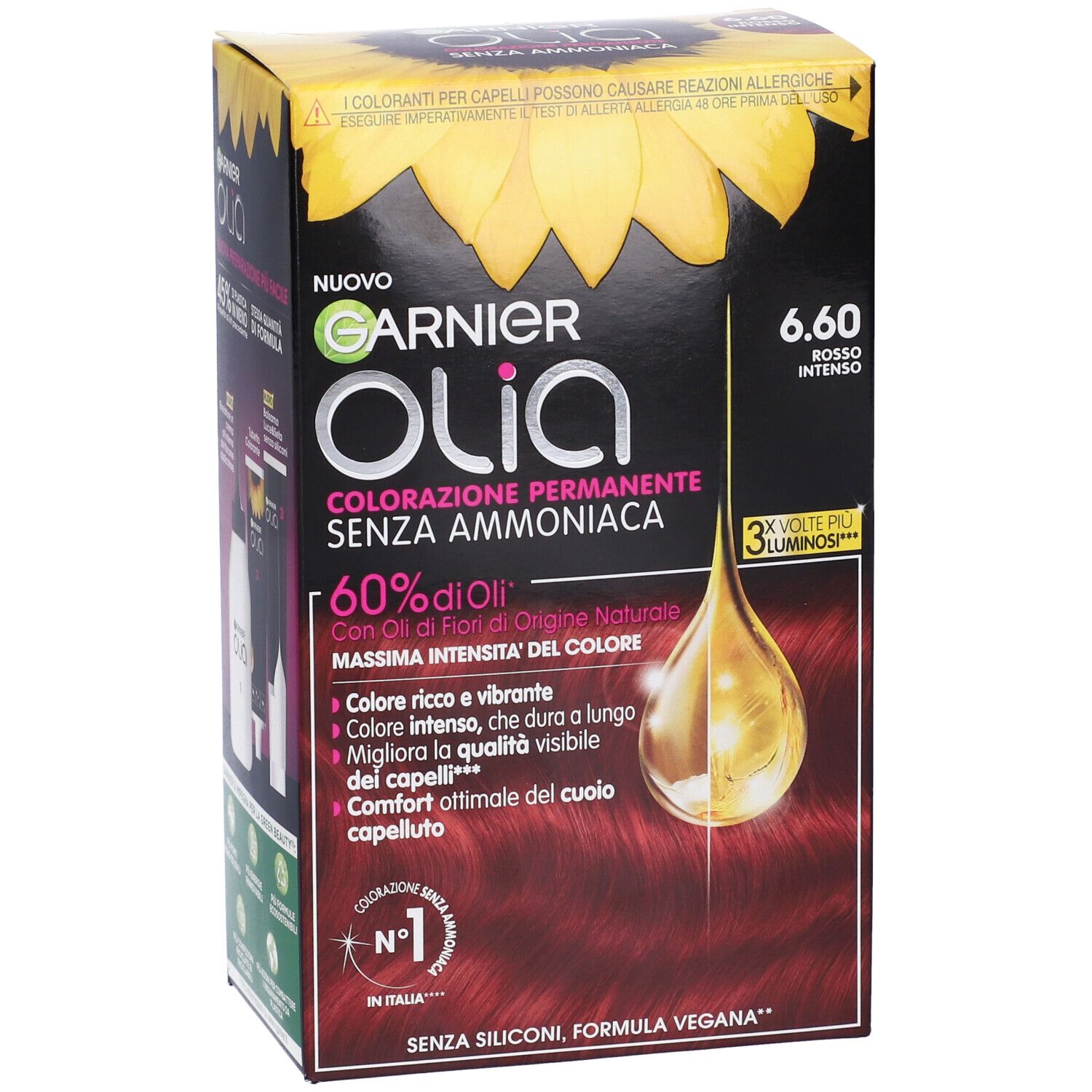 Garnier Tinta Capelli Olia, Colorazione permanente senza ammoniaca per una fragranza delicata, copre il 100% dei capelli bianchi, Con oli di fiori di origine naturale, Rosso Intenso (6.60)