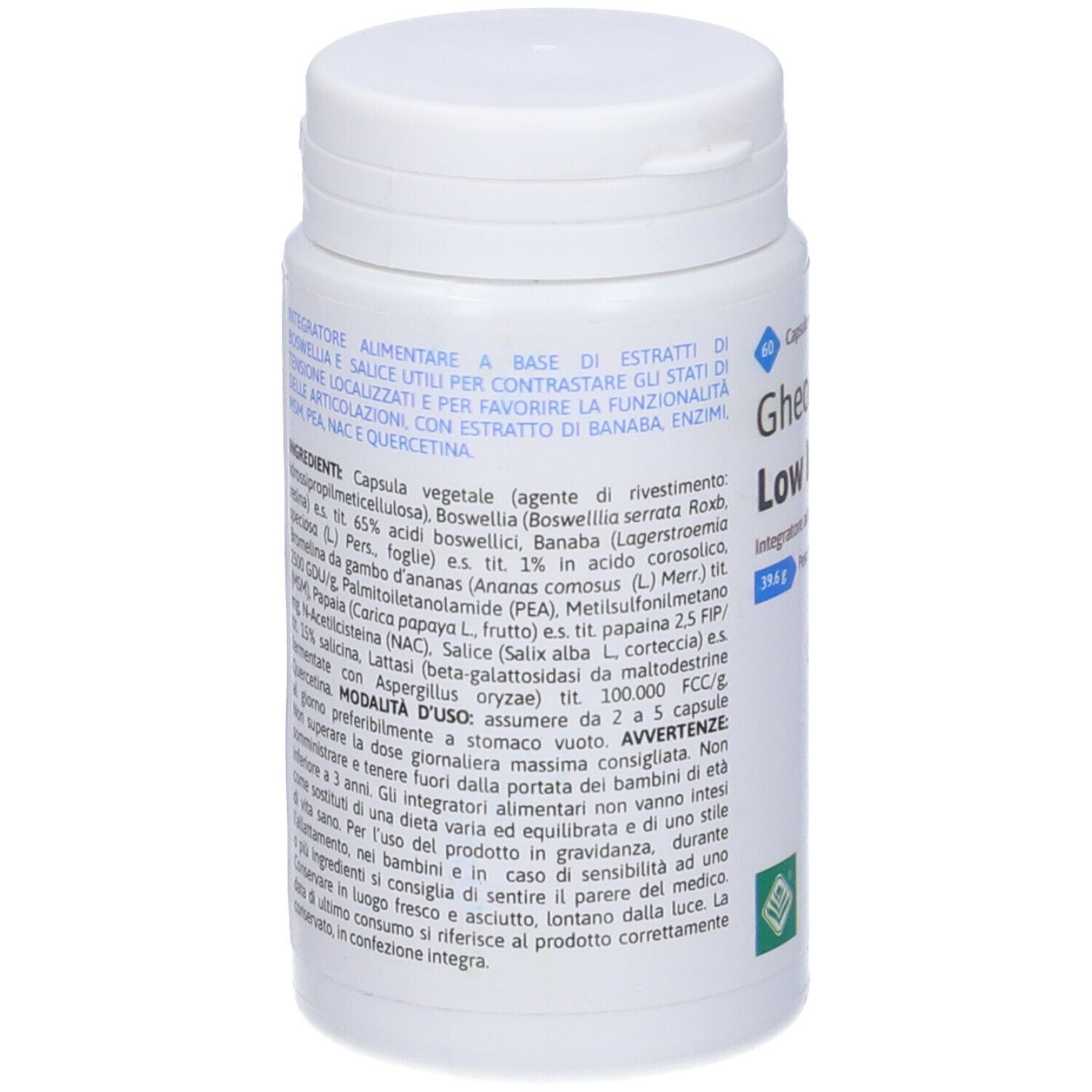 Retro del flacone bianco. Testo con ingredienti e istruzioni per l'uso. Logo verde.