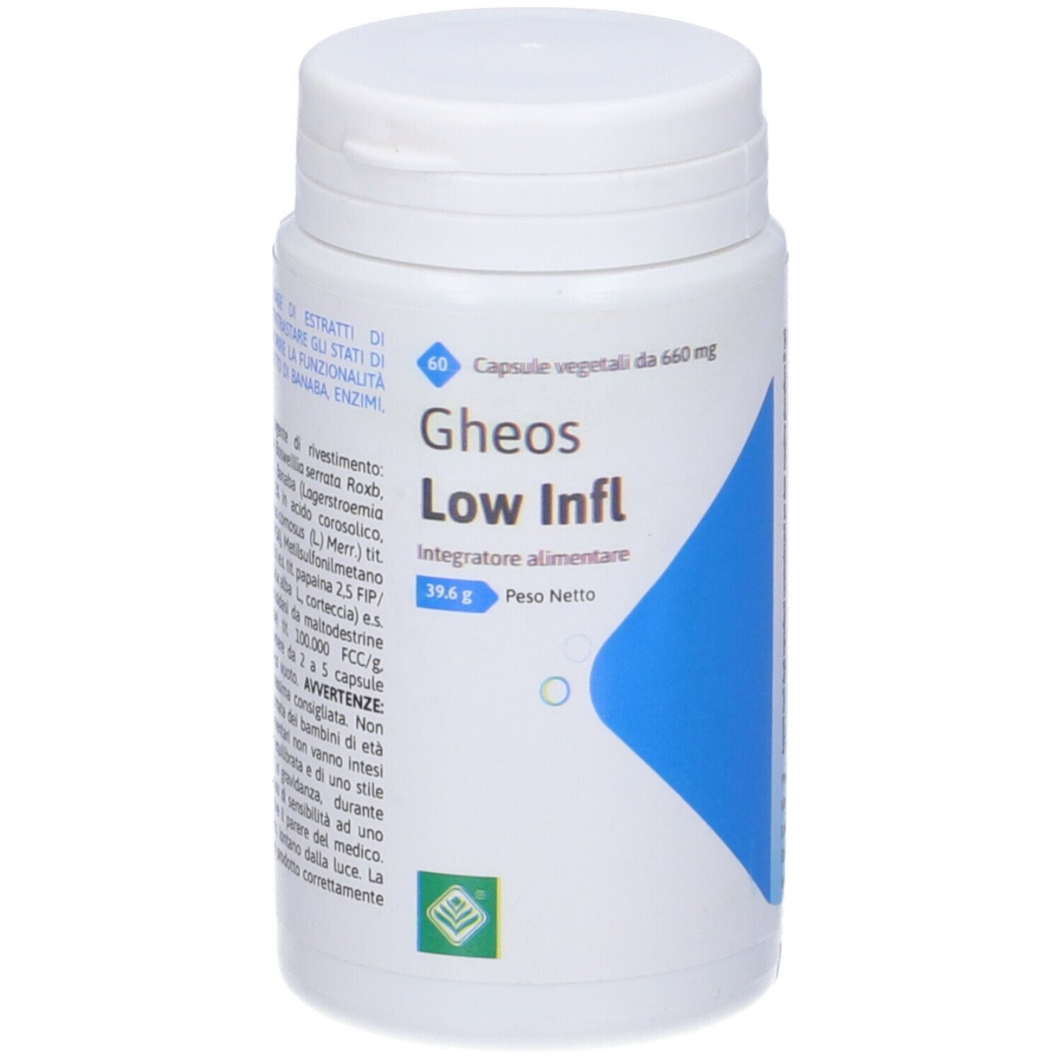 Flacone bianco con capsule. Scritta: Gheos Low Infl, 60 capsule. Elementi blu e verdi.