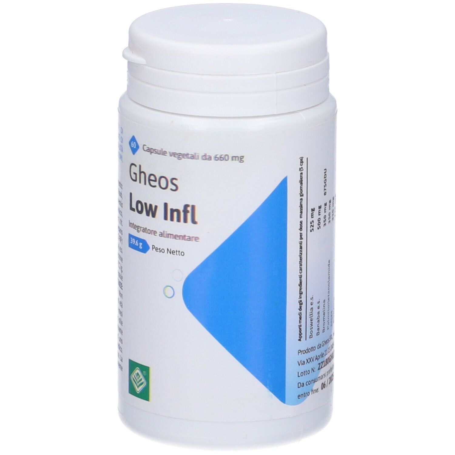 Flacone bianco con capsule. Scritta: Gheos Low Infl, 60 capsule. Elementi blu e verdi.