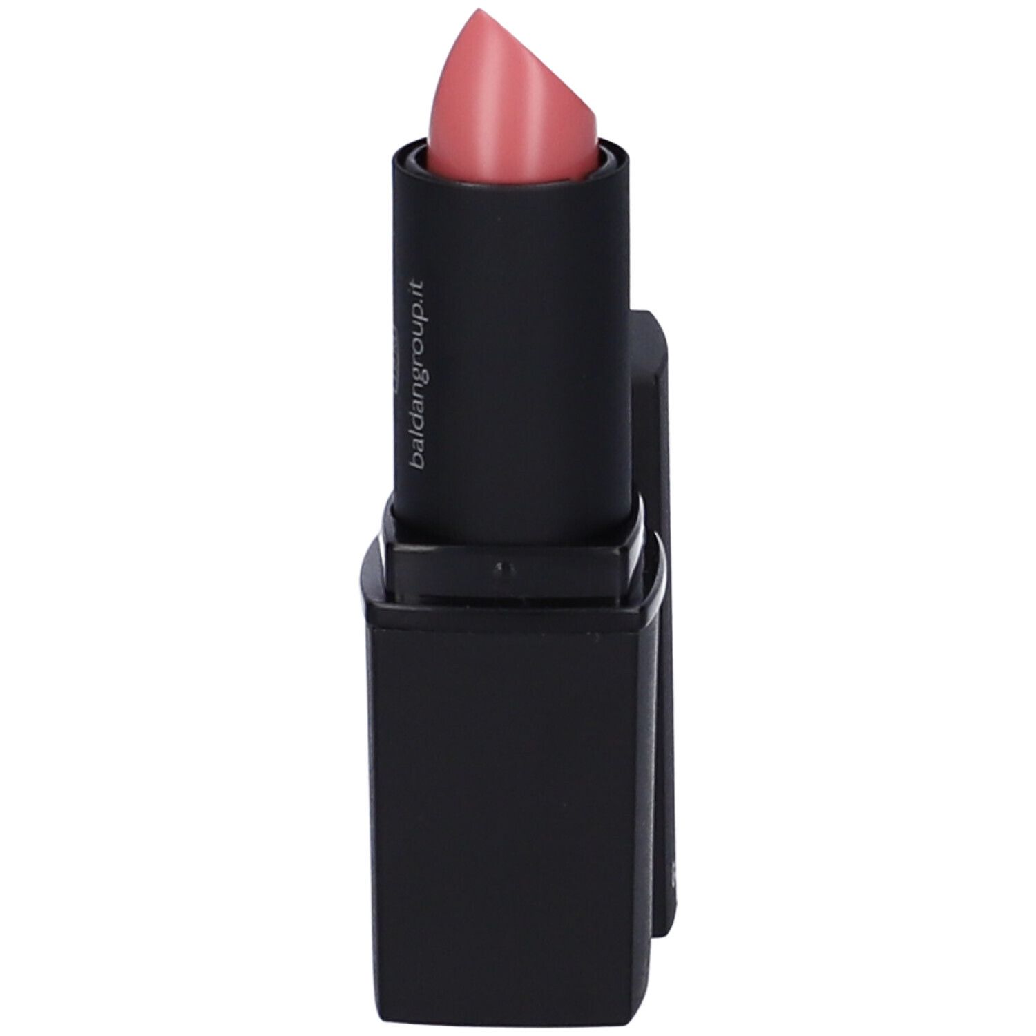 Rossetto rosa chiaro in astuccio nero. Sul tubo è scritto baldangroup.it.