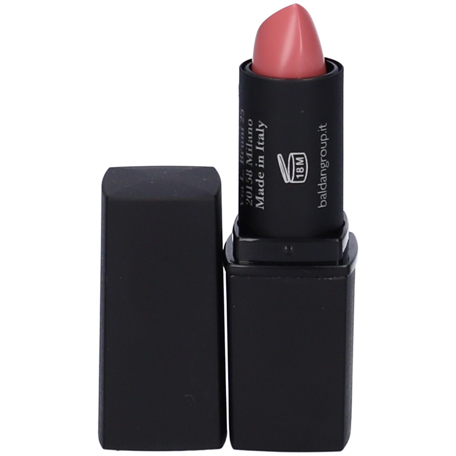 Rossetto rosa chiaro in astuccio nero. Made in Italy e 18M sono visibili sul tubo.