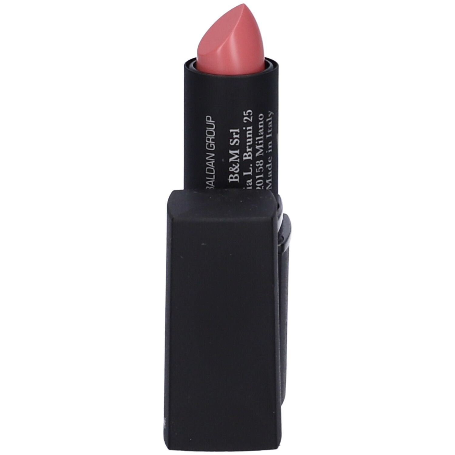 Rossetto rosa chiaro in astuccio nero. B&M Srl, Made in Italy sono visibili sul tubo.