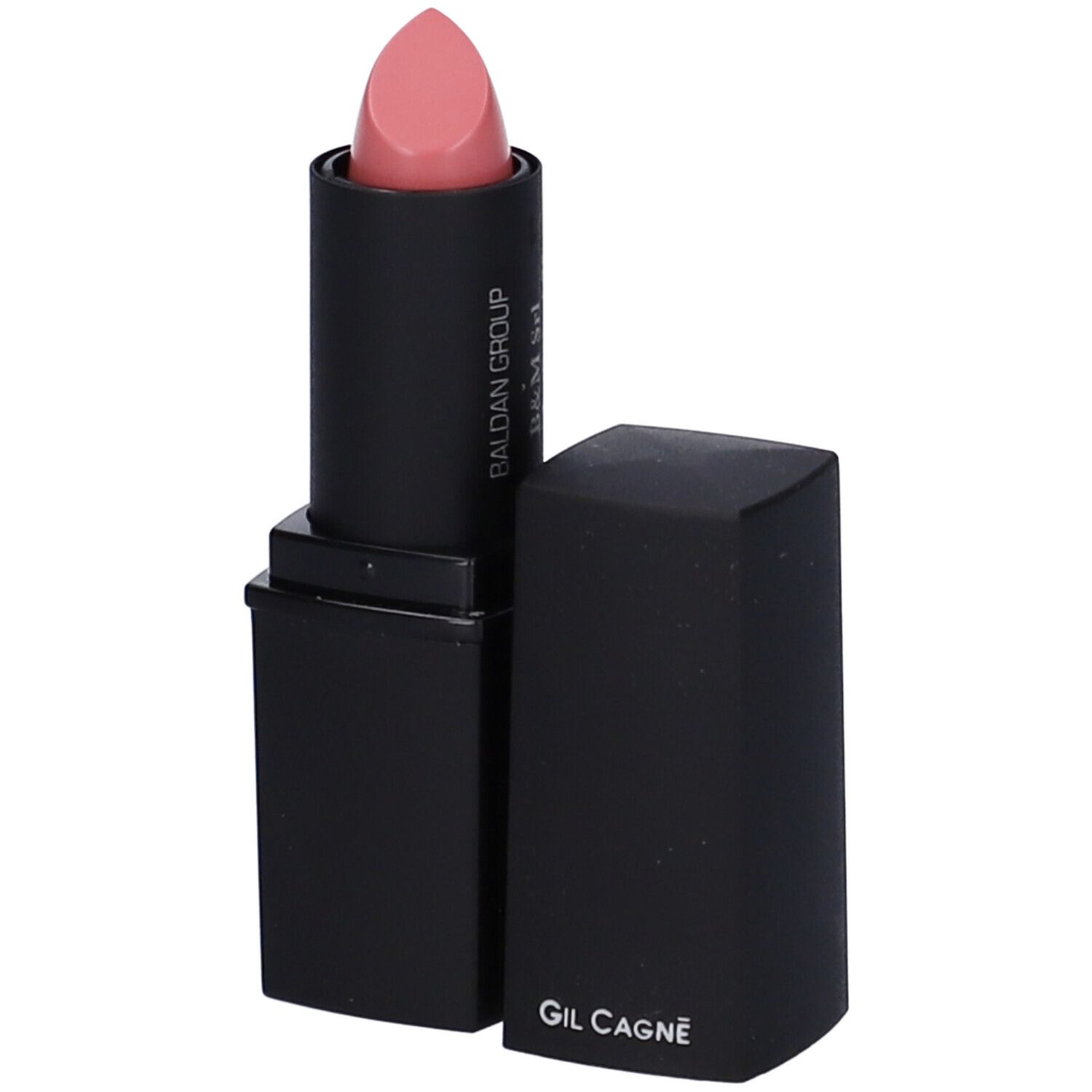 Rossetto rosa chiaro in astuccio nero. BALDAN GROUP è visibile sul tubo. Tappo accanto.