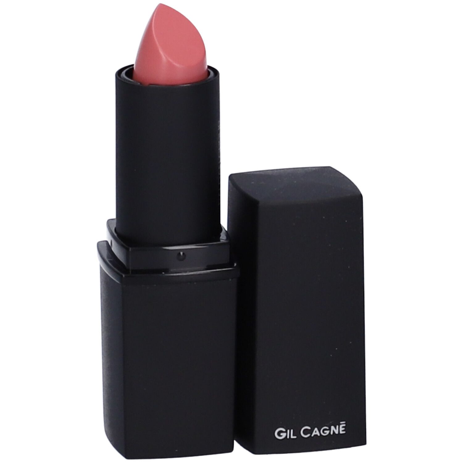 Rossetto rosa chiaro in astuccio nero. Tappo accanto. Sul tappo è scritto GIL CAGNÉ.