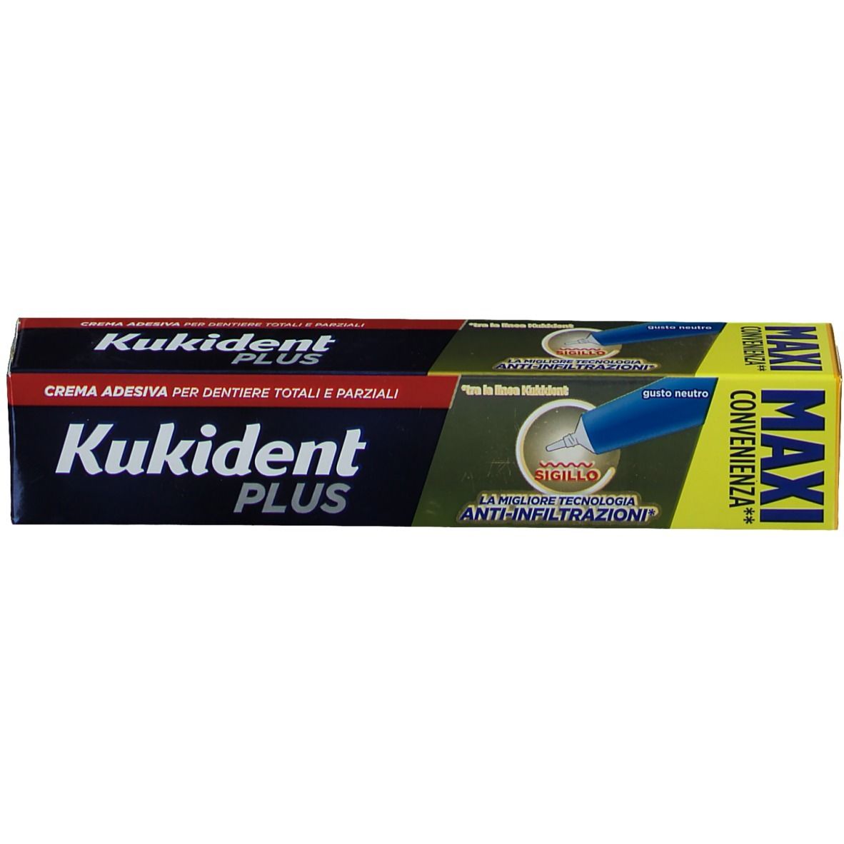 Confezione Kukident Plus Sigillo. Scatola blu, rossa e gialla. Testo: "MAXI CONVENIENZA". Illustrazione del prodotto.