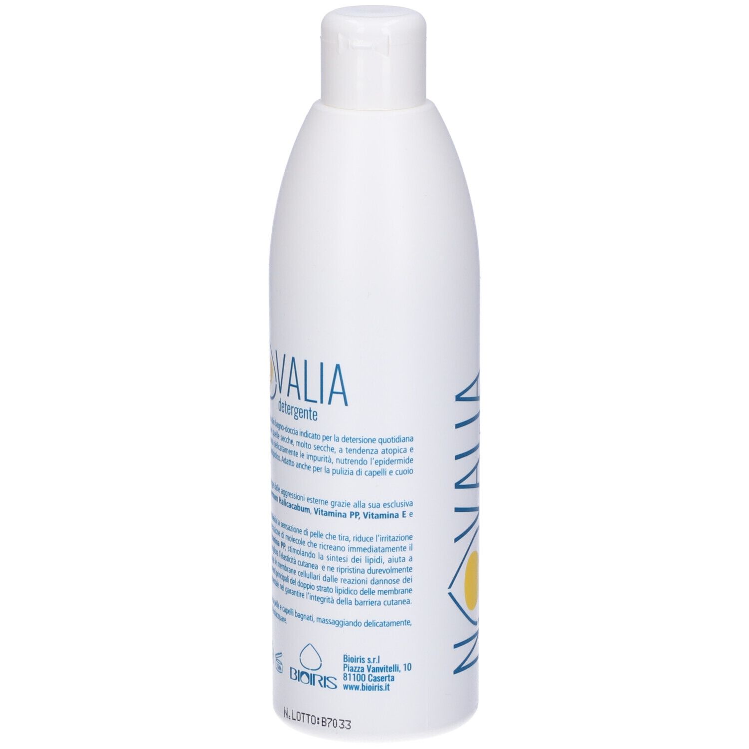 Flacone bianco. Scritta Novalia Detergente. Logo giallo. Testo in italiano. Flacone con tappo.