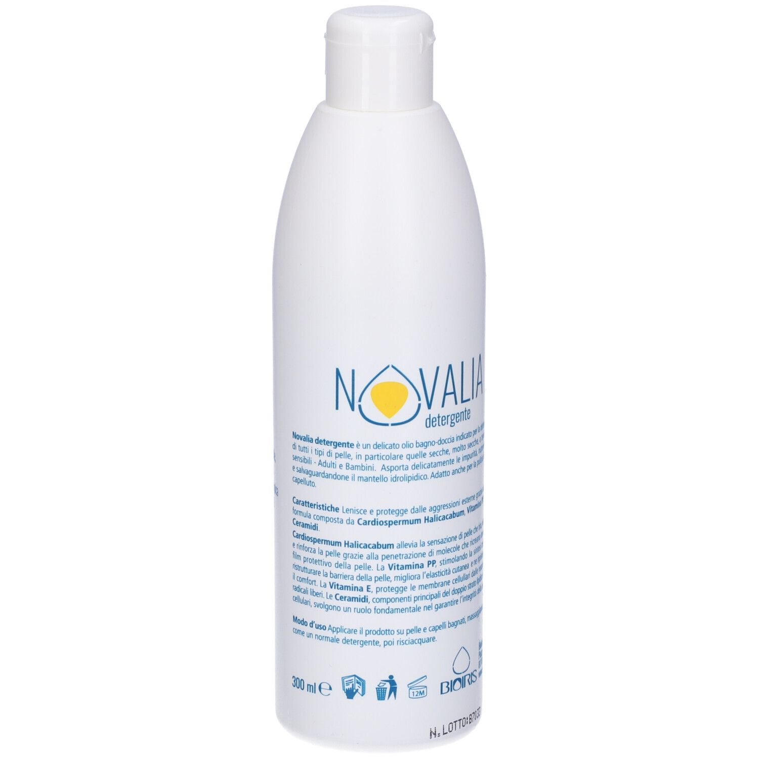 Flacone bianco. Scritta Novalia Detergente. Logo giallo. Testo in italiano. Flacone con tappo.