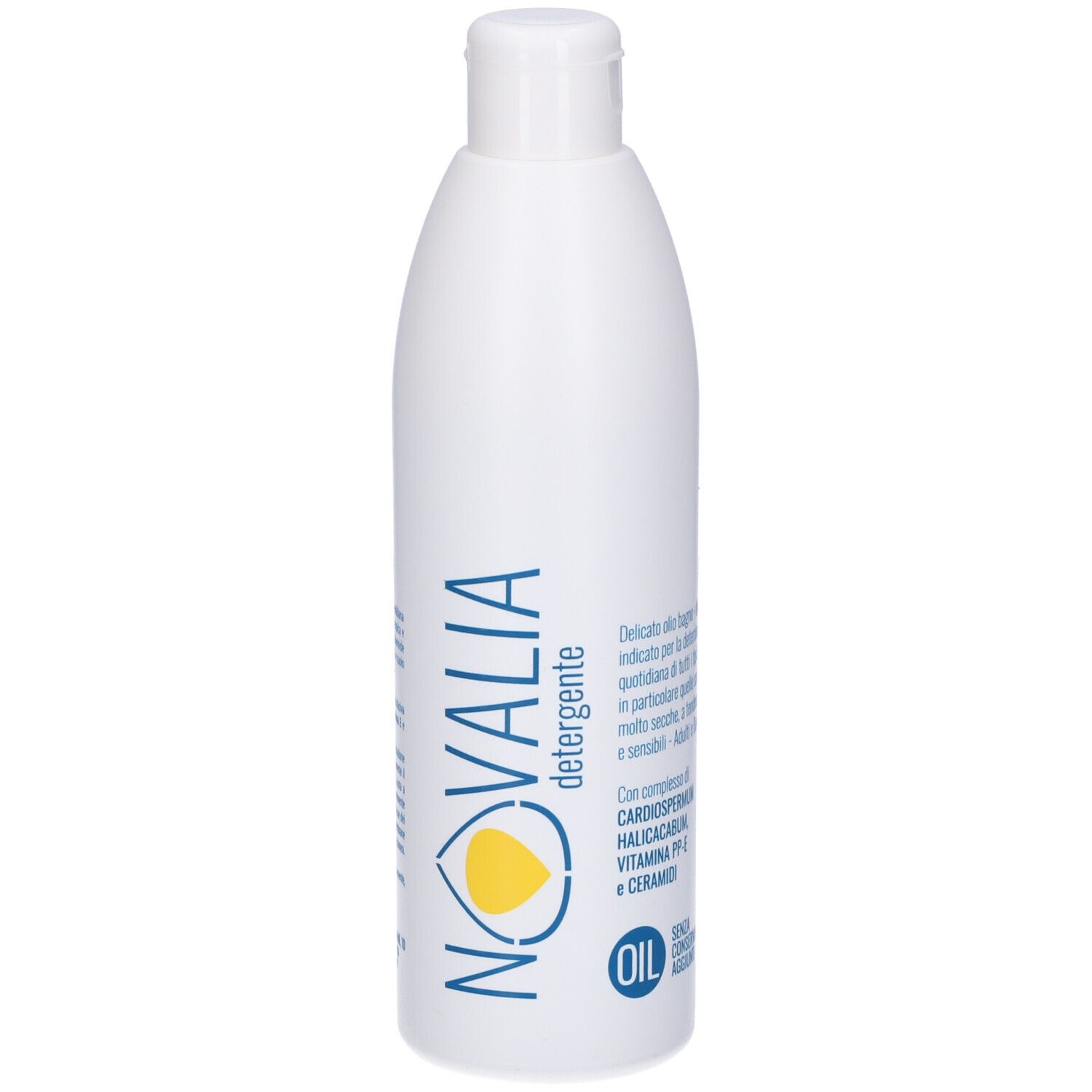 Flacone bianco. Scritta Novalia Detergente. Logo giallo. Testo in italiano. Flacone con tappo.