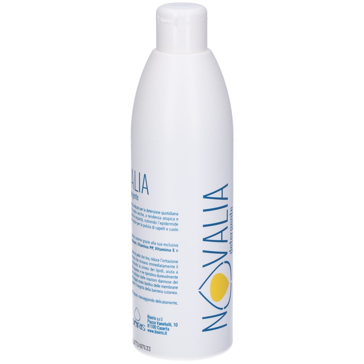 Flacone bianco. Scritta Novalia Detergente. Logo giallo. Testo in italiano. Flacone con tappo.