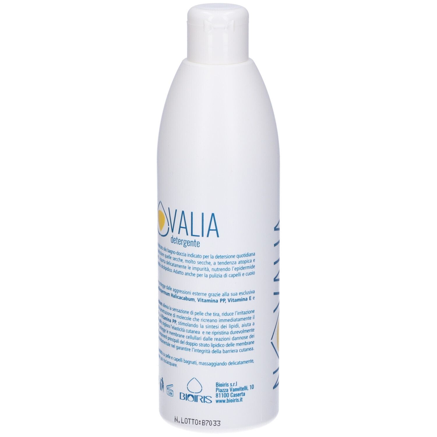 Flacone bianco. Scritta Novalia Detergente. Logo giallo. Testo in italiano. Flacone con tappo.