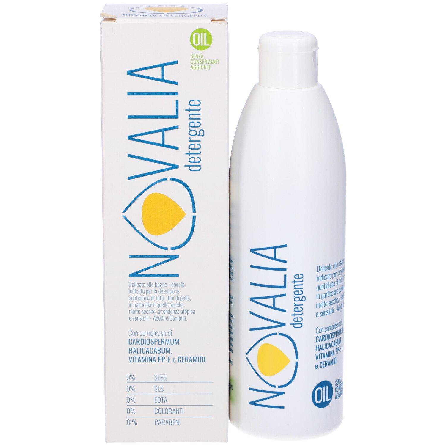 Flacone e confezione bianchi. Scritta Novalia Detergente. Logo giallo. Contiene olio. Testo in italiano.