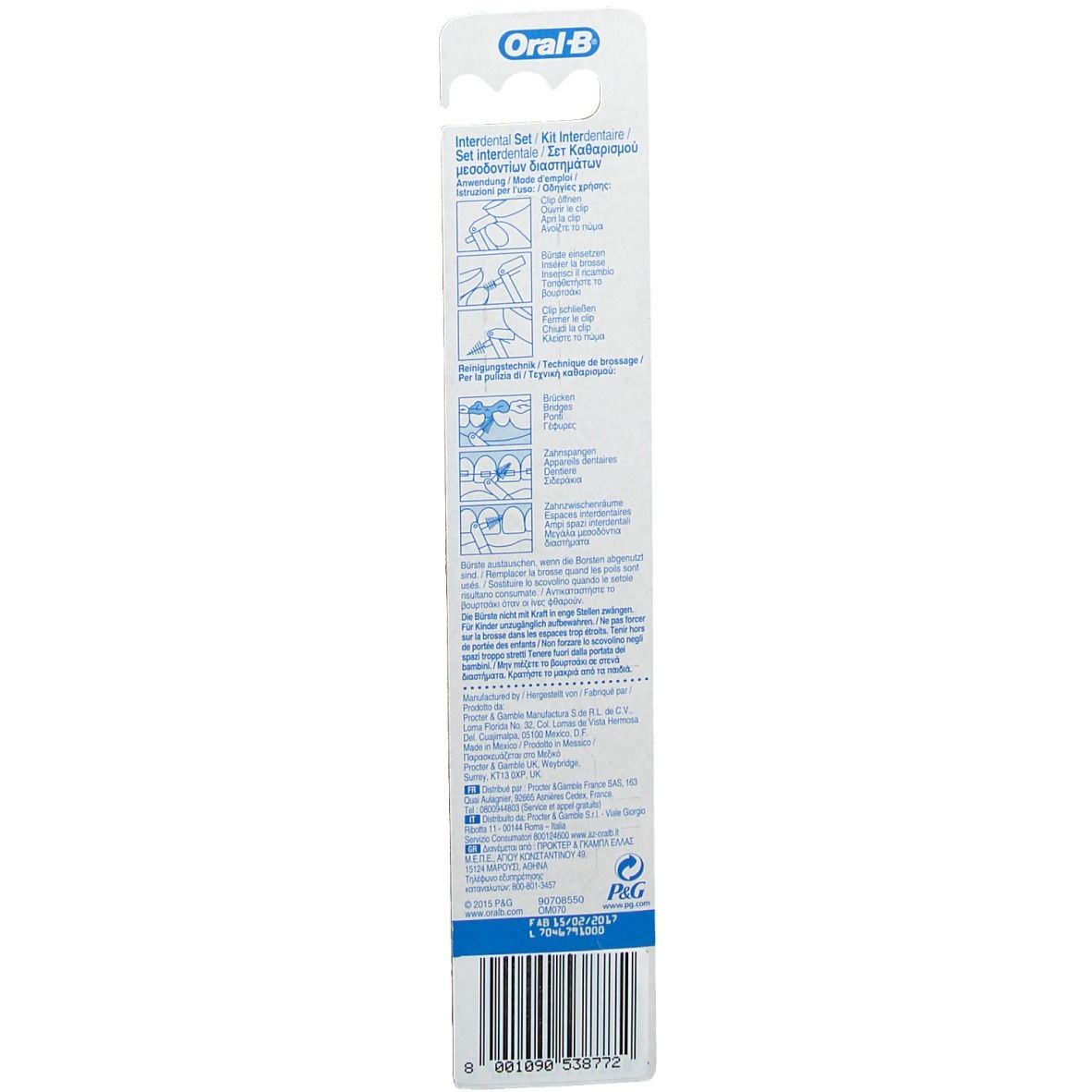 Retro della confezione del set interdentale Oral-B. Testo e illustrazioni per l'uso. Codice a barre in basso.