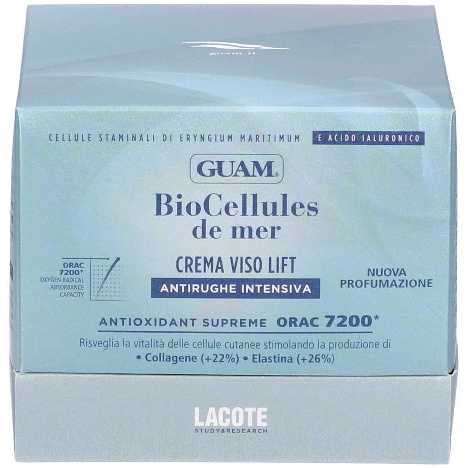 Scatola con scritta: GUAM BioCellules de mer, Crema Viso Lift, Antirughe Intensiva, Antioxidant Supreme.