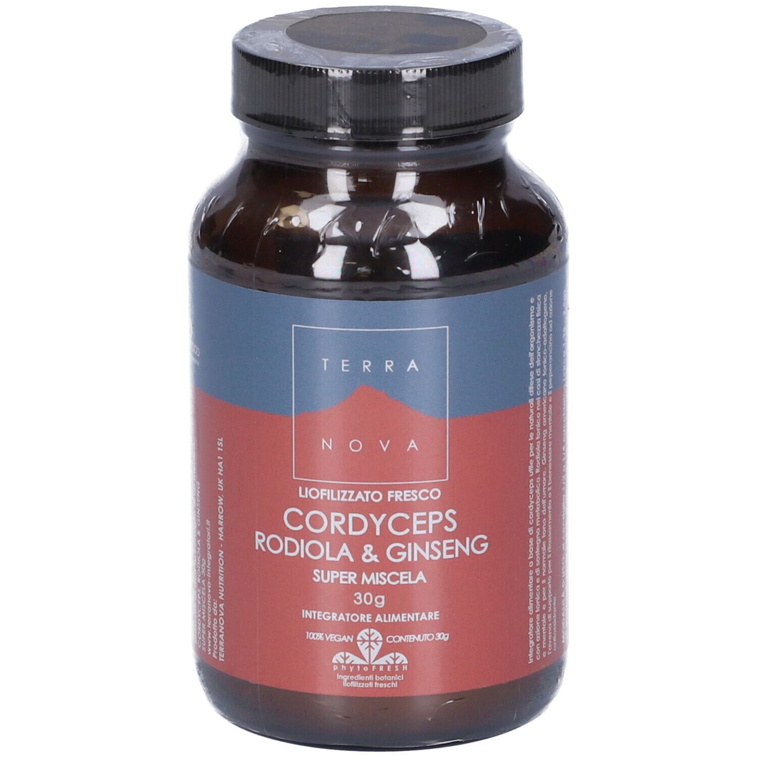 Flacone di vetro marrone con tappo nero. Etichetta con testo: Cordyceps Rodiola & Ginseng. Marchio: Terra Nova.
